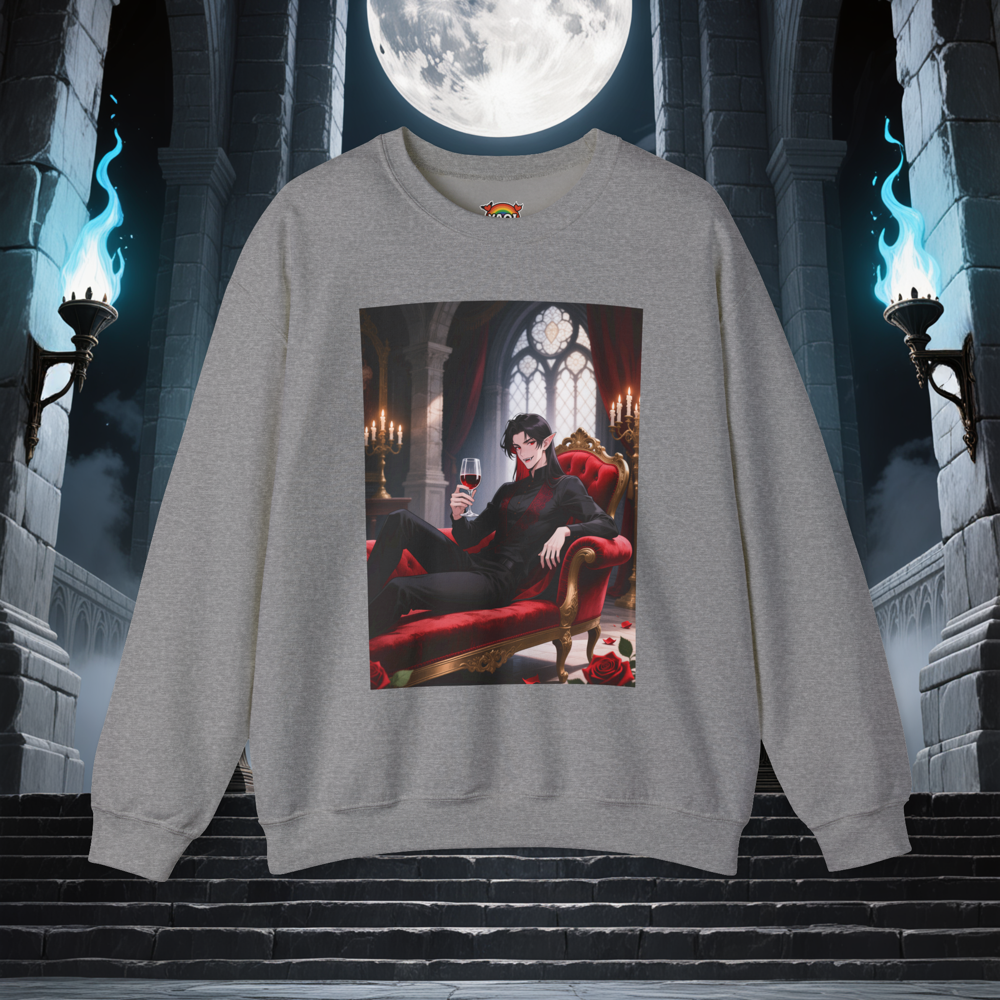 Dracula Velvet Chaise Crewneck Sweatshirt | Gothic Vampire Sweater, Anime Dracula &amp; Halloween Streetwear by Yaoi Monsters