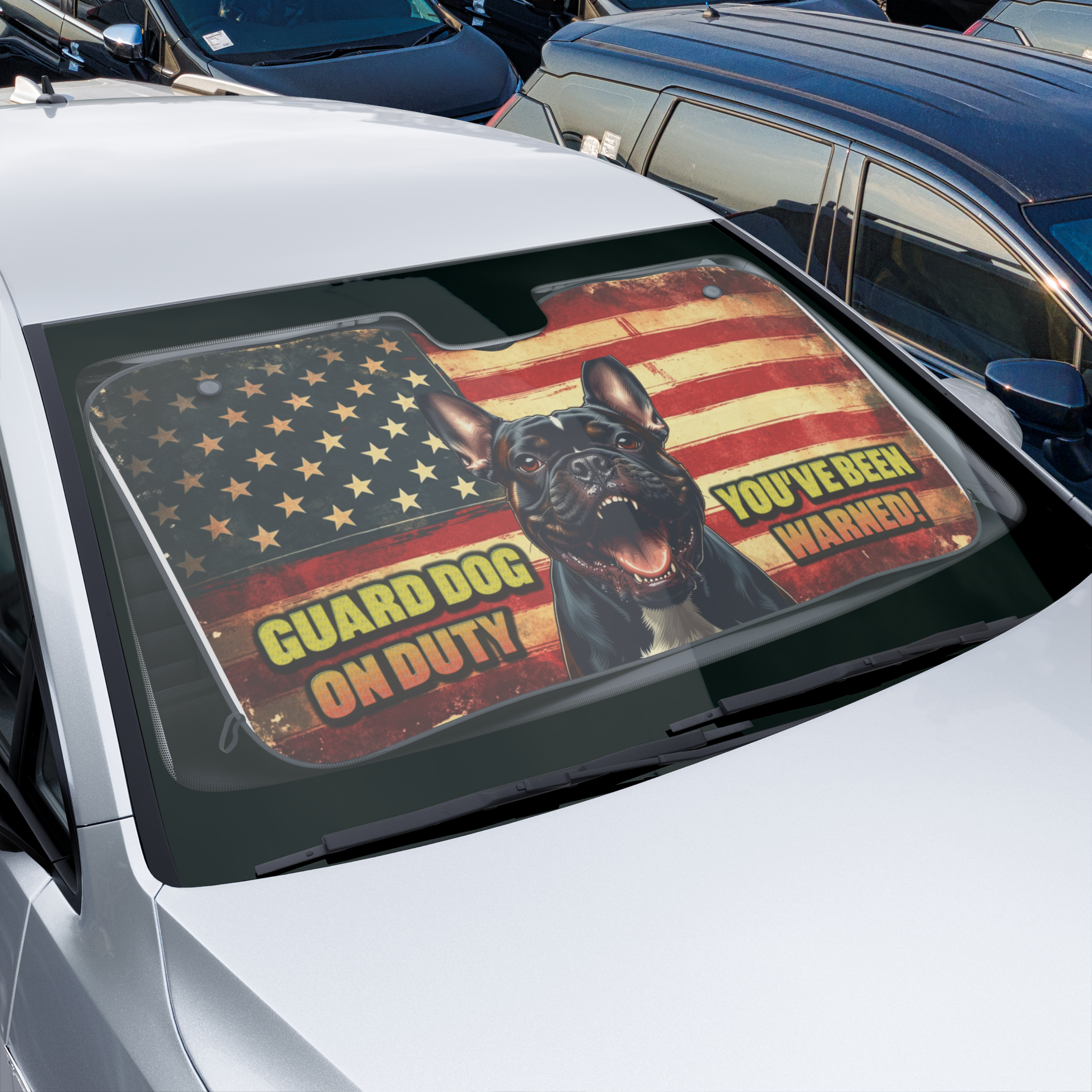 🚘 Overly Protective French Bulldog Car Sunshade – Patriotic Guard Dog Design