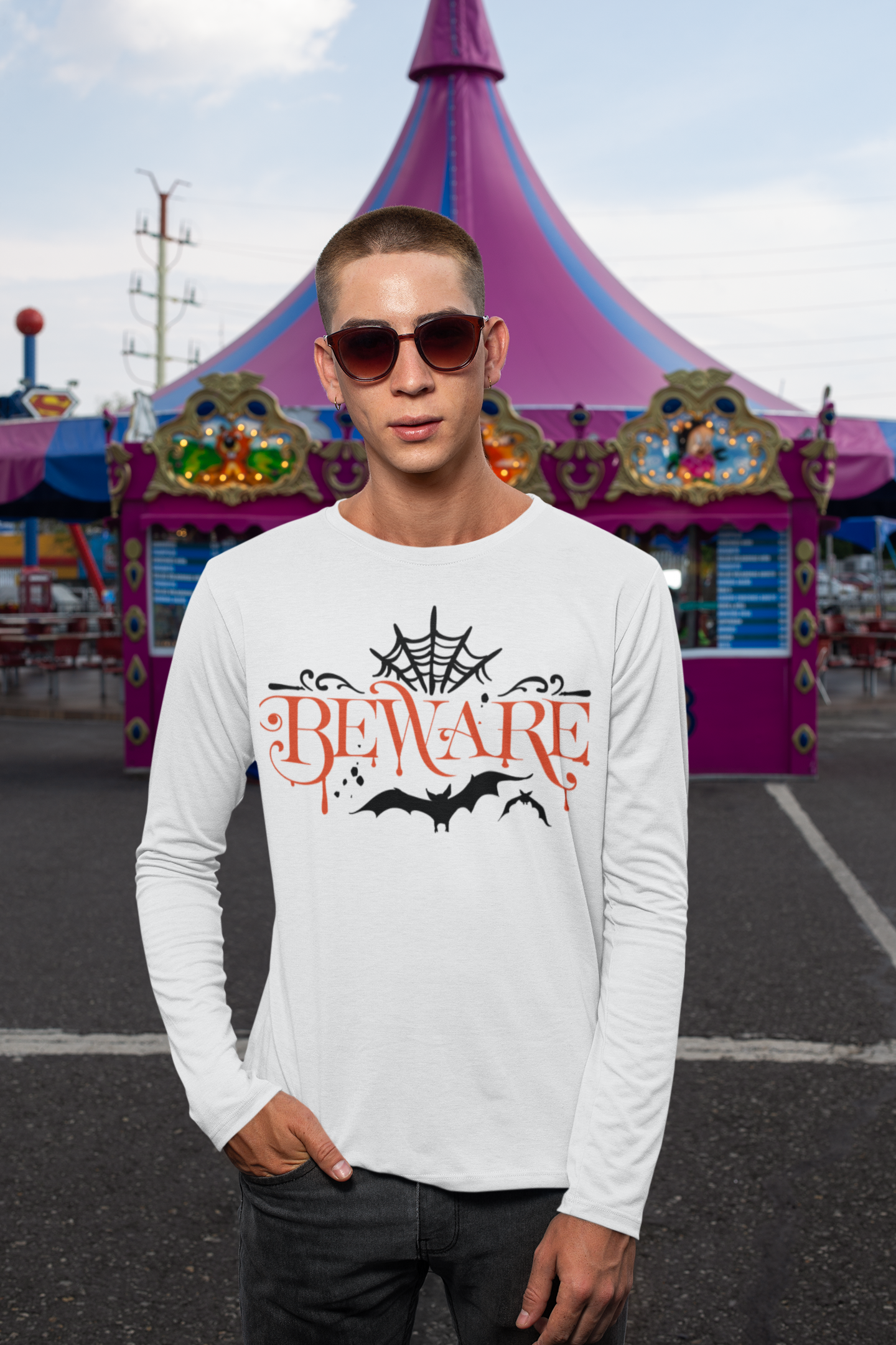 Beware Halloween Long Sleeve Tee, Unisex Spooky Shirt, October Festive Wear, Ghostly Party Top, Trick or Treat Apparel