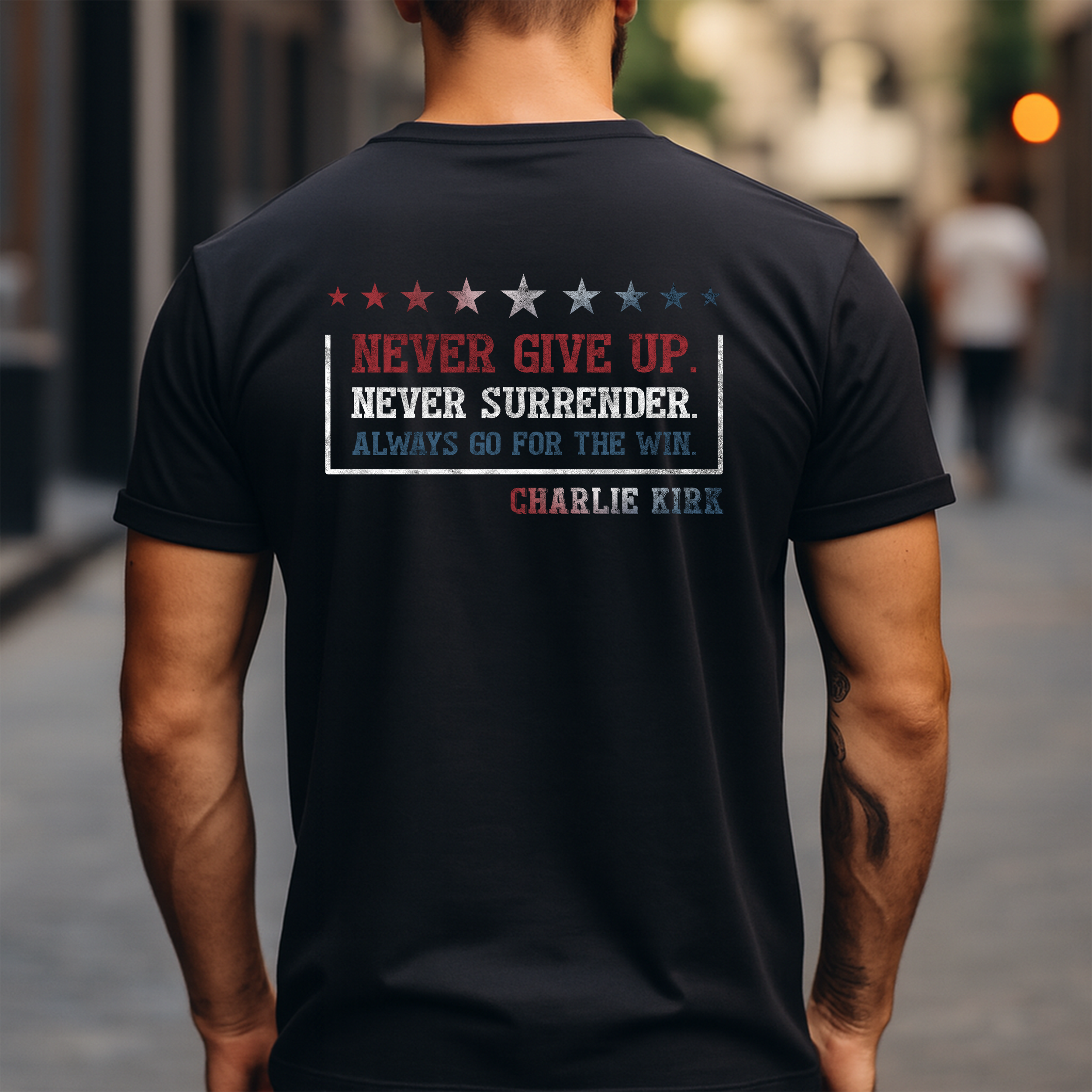 Never Give up. Never Surrender. Charlie Kirk Shirt product thumbnail image Never Give up. Never Surrender. Charlie Kirk Shirt product thumbnail image
