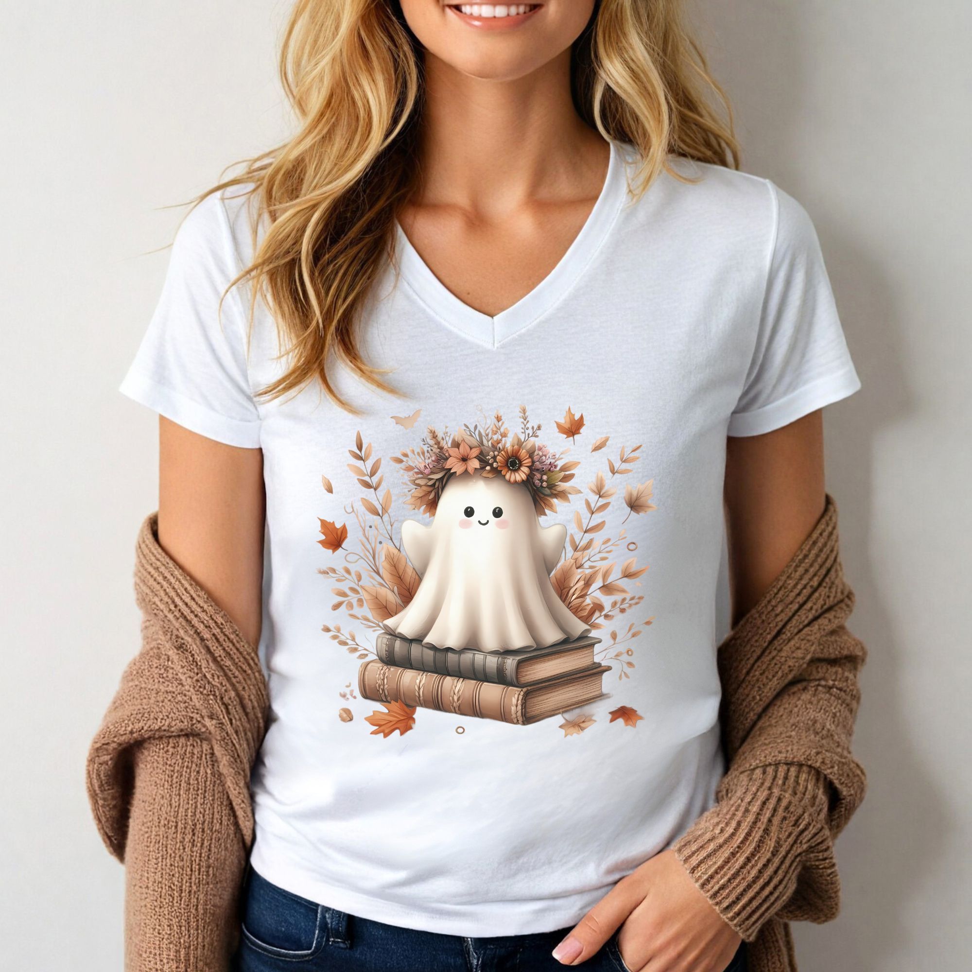 Whimsical Ghost Reading Ladies' V-Neck T-Shirt product thumbnail image