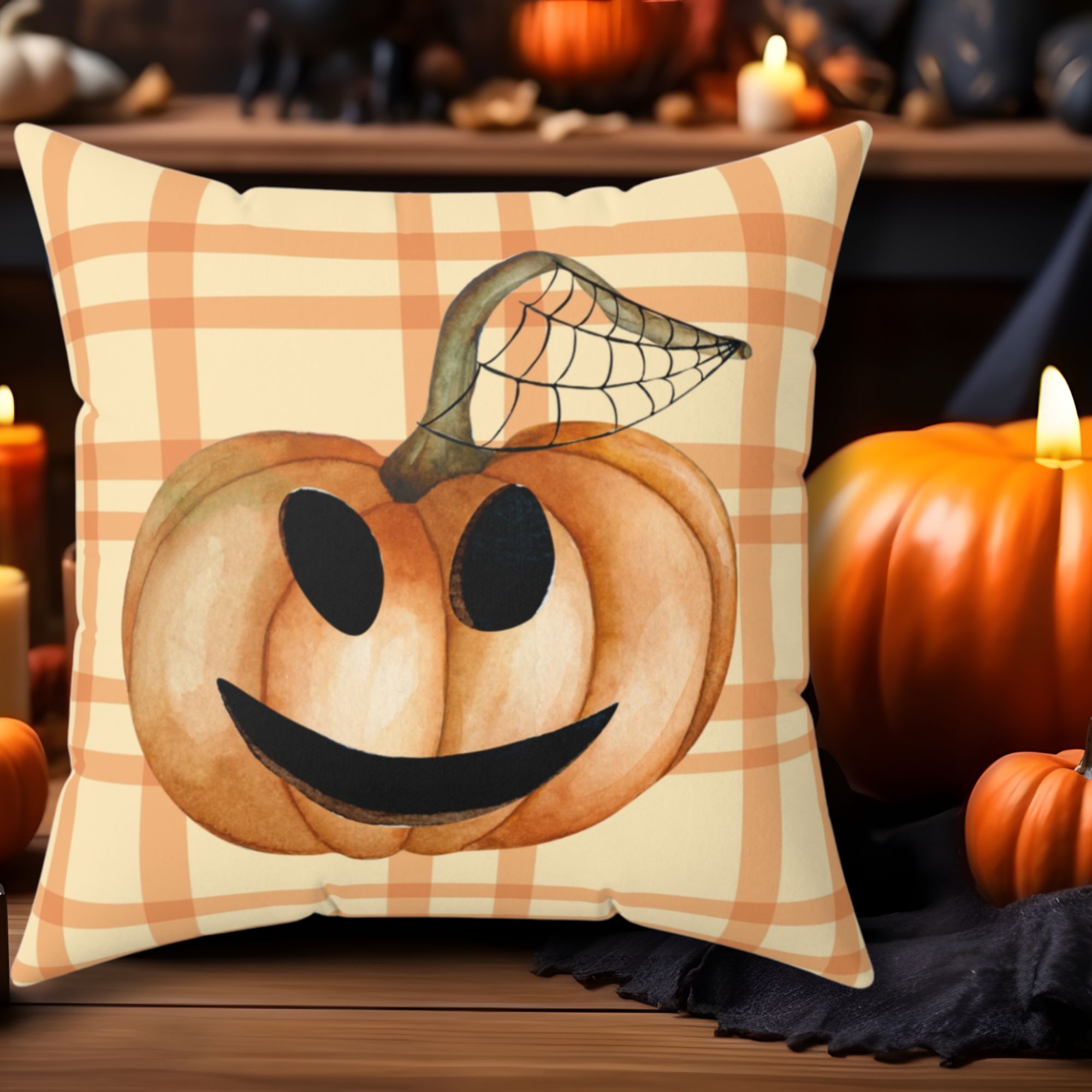 Pumpkin Plaid Jack-o-Lantern Pillow
