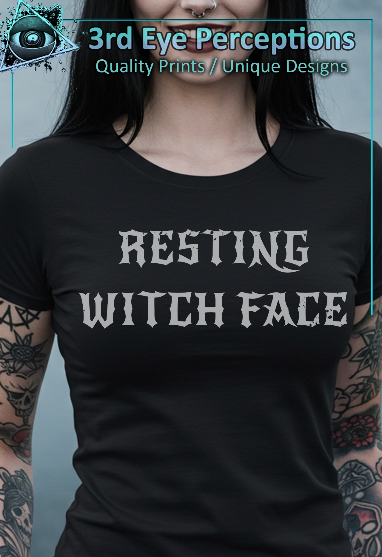 Dark Gothic Bold Font Text Vintage Distressed Graphic Funny Resting Witch Face