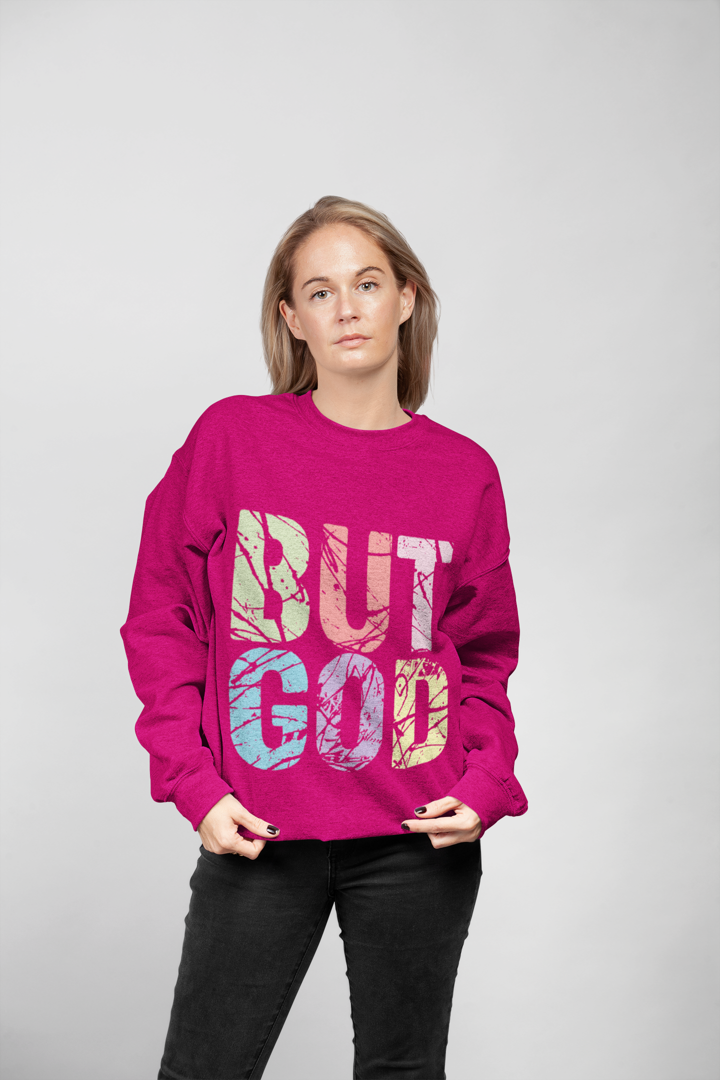But God Cyber Pink- Unisex NuBlend® Crewneck Sweatshirt product thumbnail image