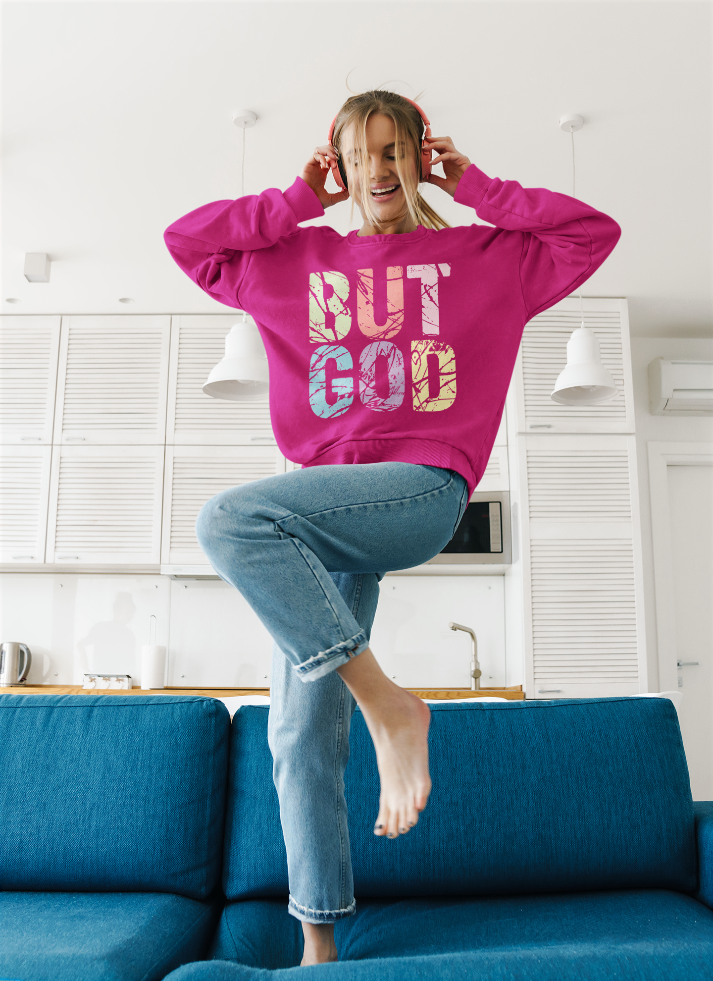 But God Cyber Pink- Unisex NuBlend® Crewneck Sweatshirt product thumbnail image
