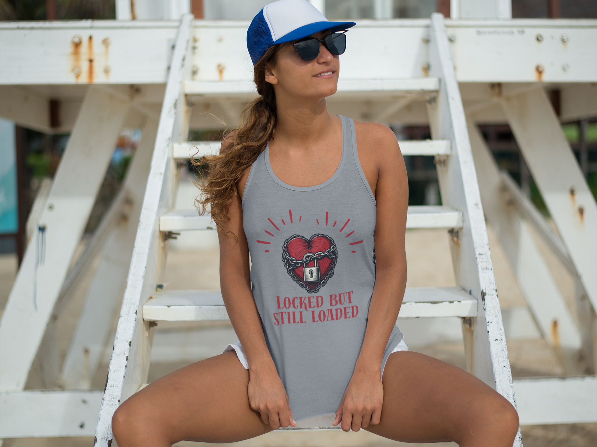Locked But Still Loaded Racerback Tank | Heart Graphic | Perfect for Summer, Fitness, Gifts, Casual Wear, Love Celebrations, Workout product thumbnail image