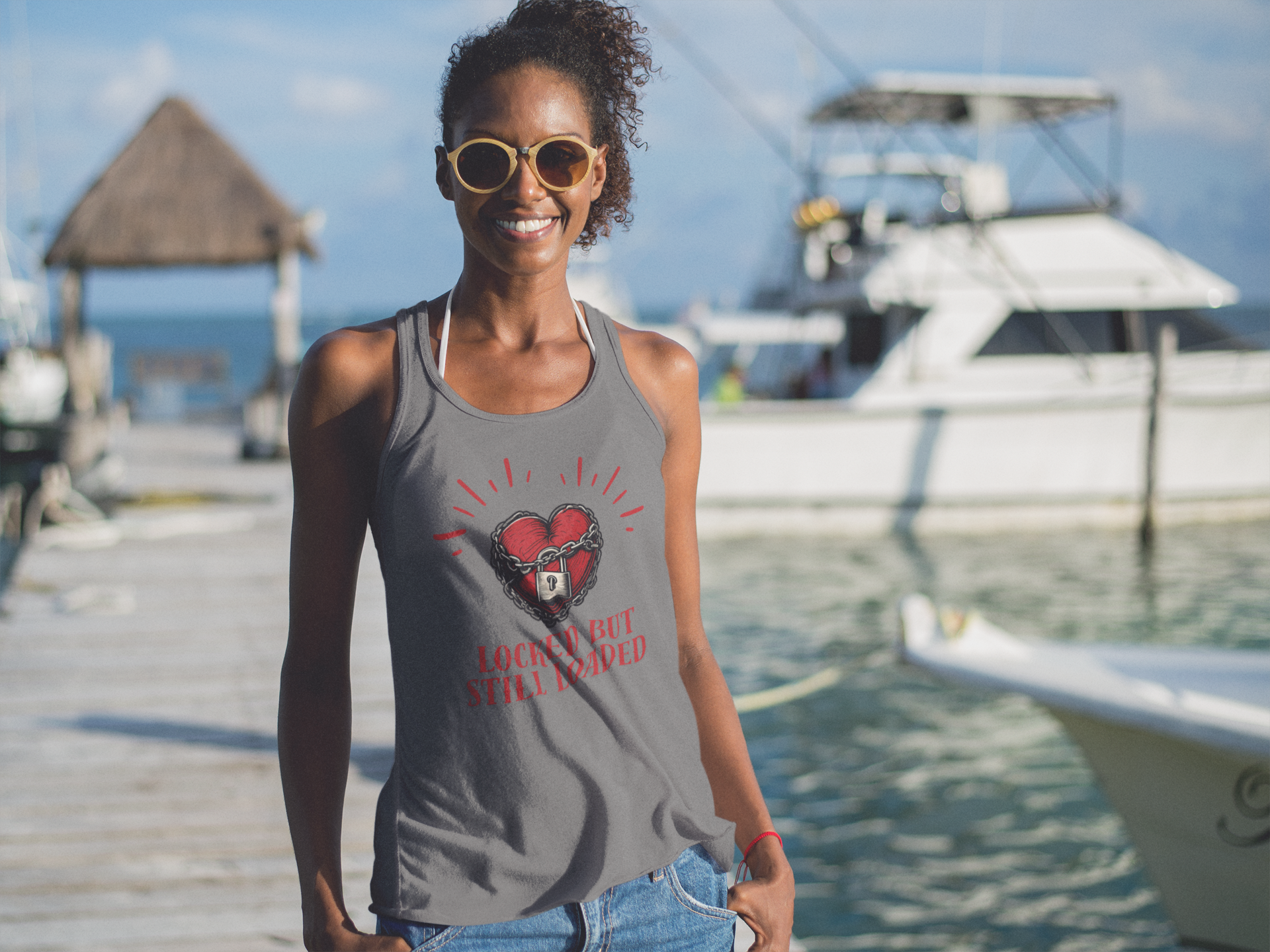 Locked But Still Loaded Racerback Tank | Heart Graphic | Perfect for Summer, Fitness, Gifts, Casual Wear, Love Celebrations, Workout product thumbnail image