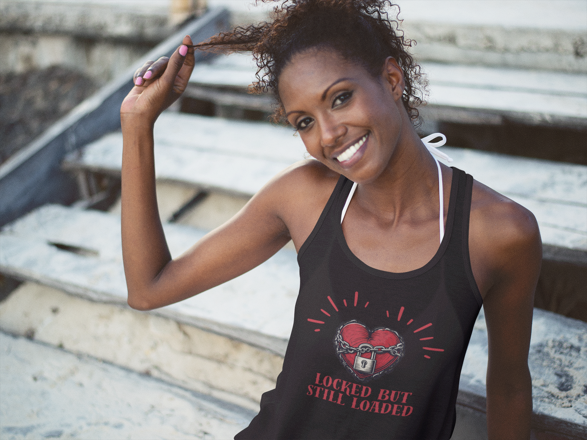 Locked But Still Loaded Racerback Tank | Heart Graphic | Perfect for Summer, Fitness, Gifts, Casual Wear, Love Celebrations, Workout product thumbnail image