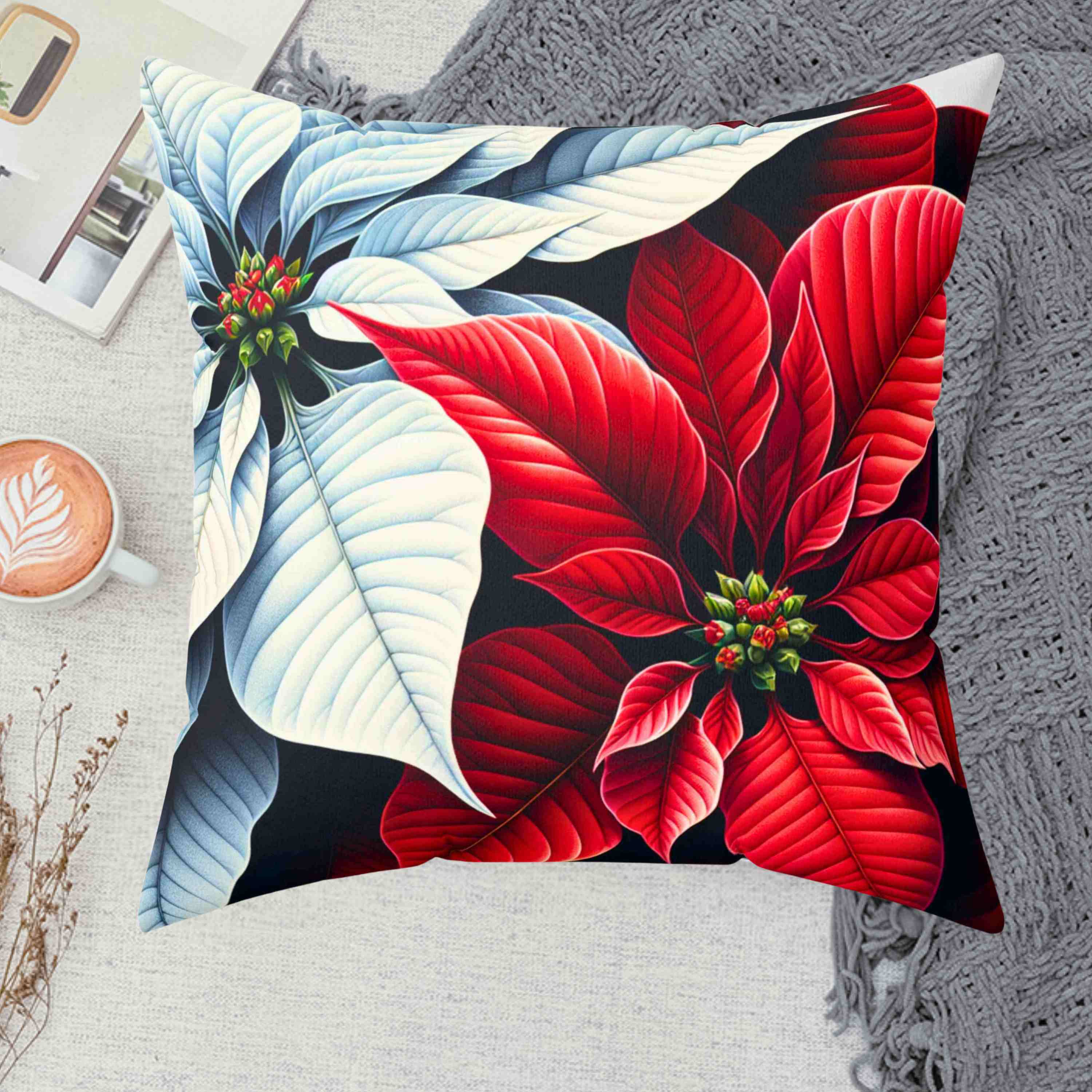 Poinsettia Floral Throw Pillow, Poinsettia Decor, Home Accent, Holiday Decoration, Gift for Her, Cozy Living Room product thumbnail image