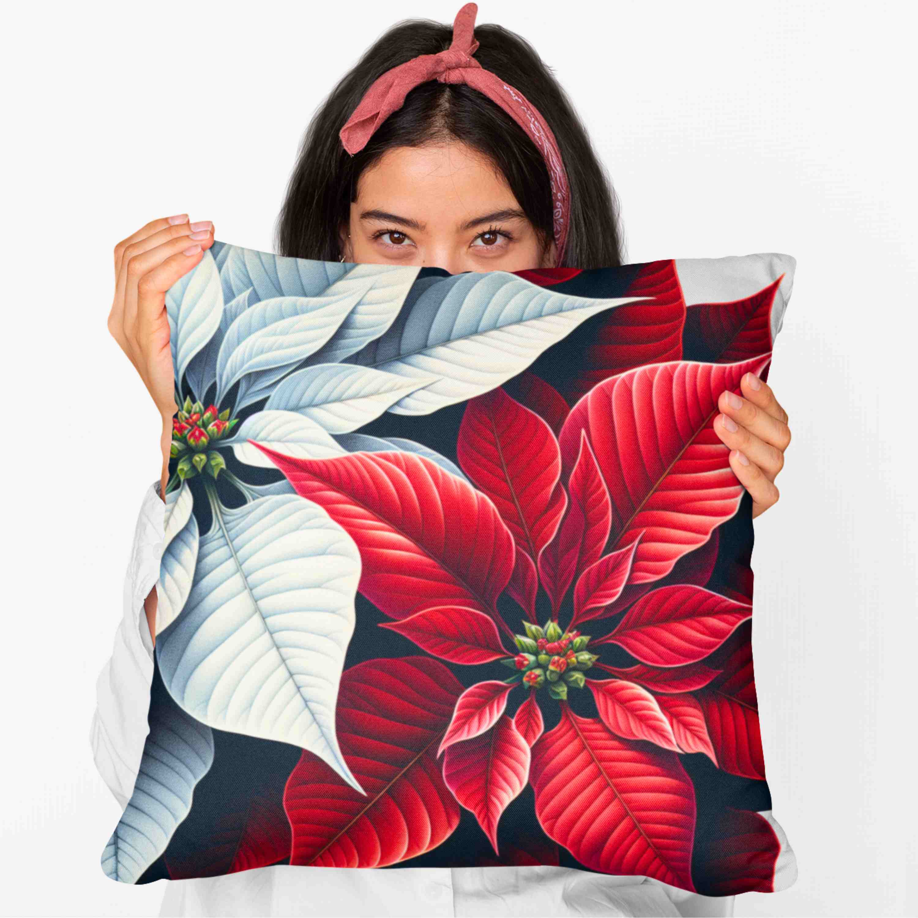 Poinsettia Floral Throw Pillow, Poinsettia Decor, Home Accent, Holiday Decoration, Gift for Her, Cozy Living Room product thumbnail image