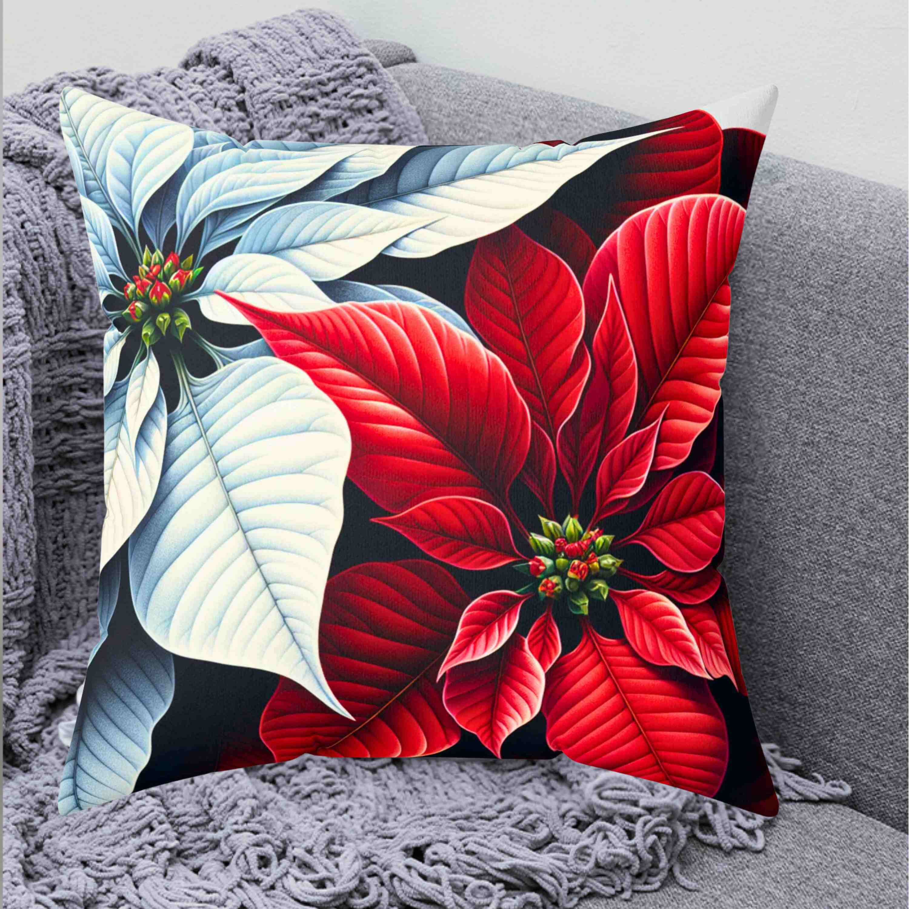 Poinsettia Floral Throw Pillow, Poinsettia Decor, Home Accent, Holiday Decoration, Gift for Her, Cozy Living Room product thumbnail image