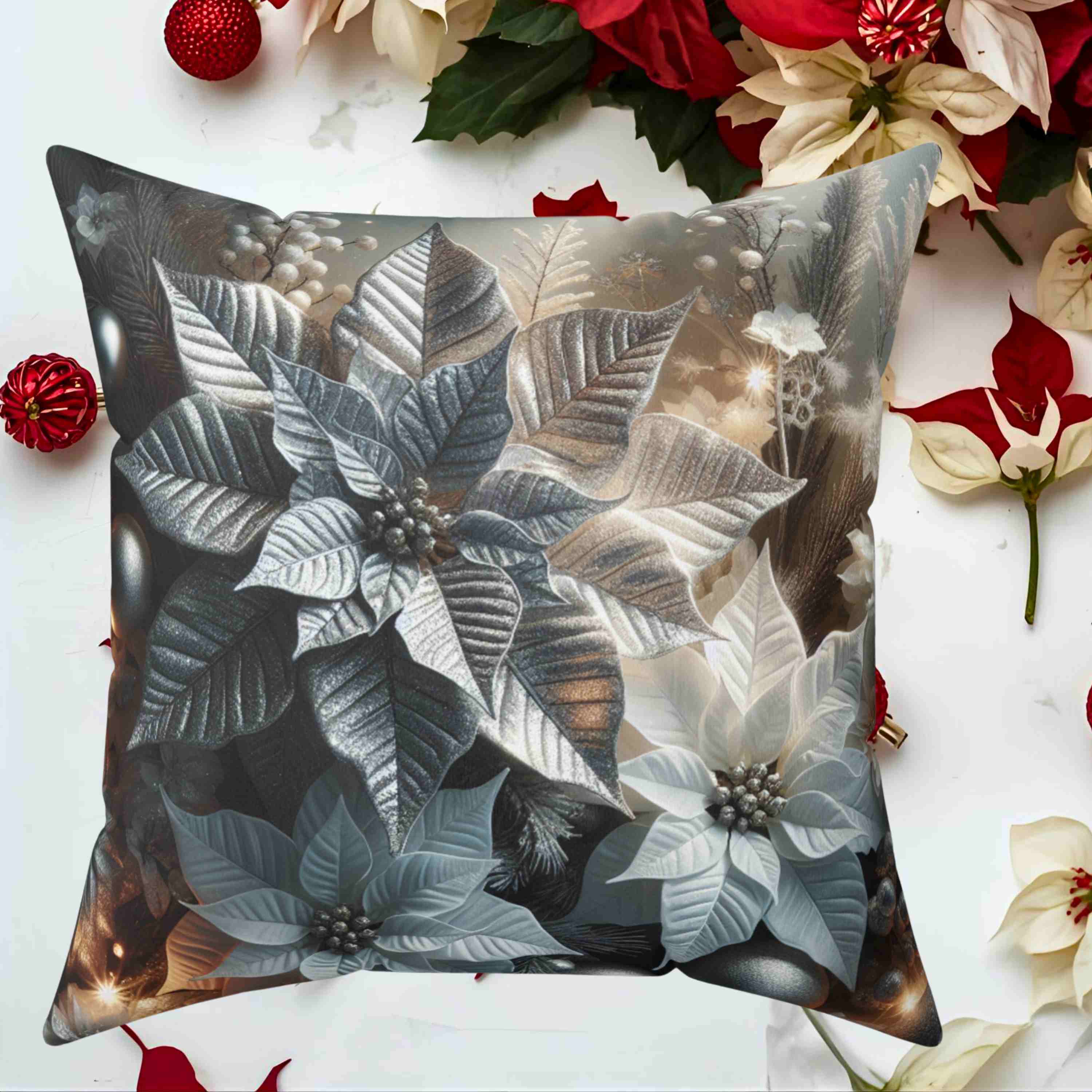 Luxury Holiday Pillow – White &amp; Silver Poinsettia Design with appearance of Soft Twinkle Lights – Premium Christmas Home Accent Ready to Use product thumbnail image