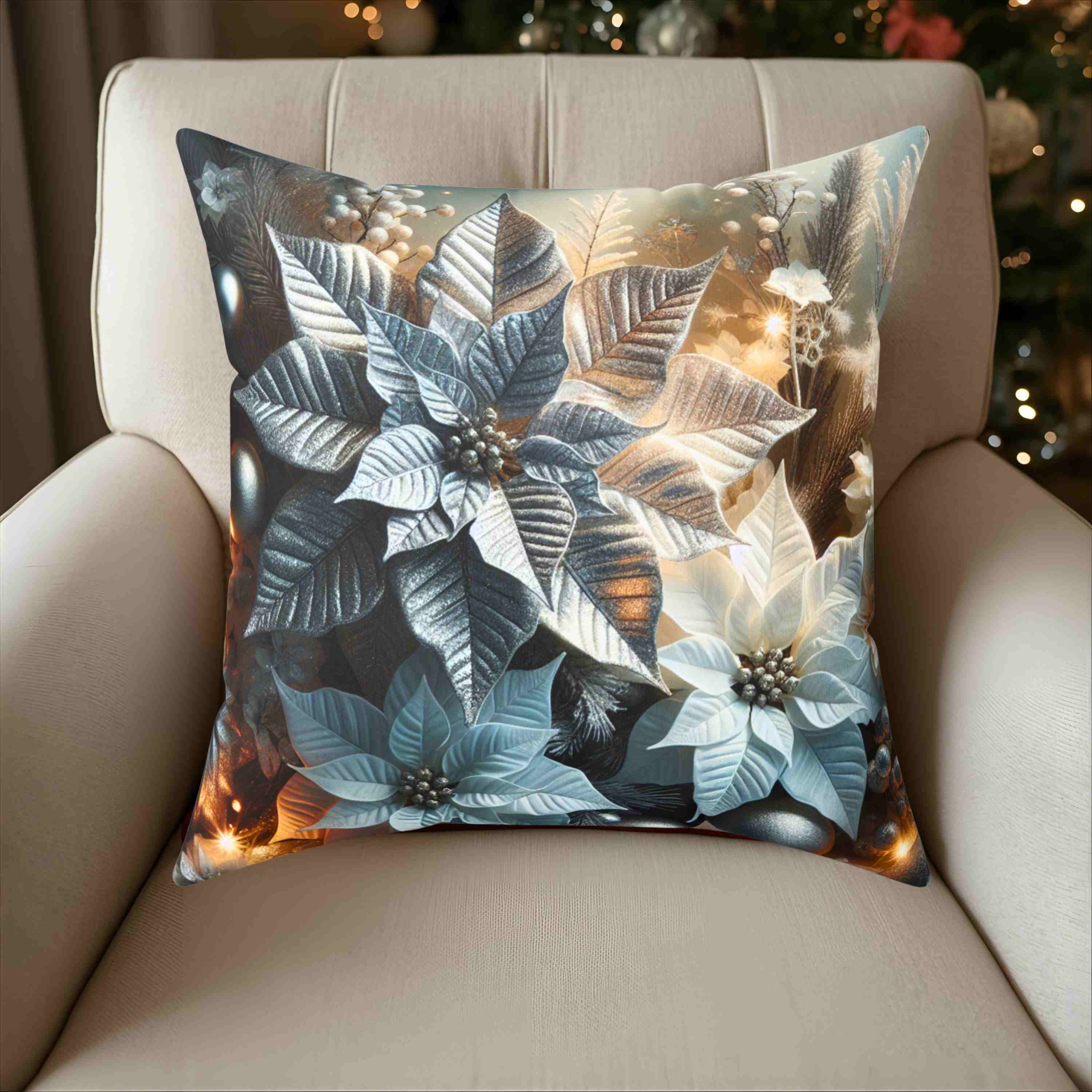Luxury Holiday Pillow – White &amp; Silver Poinsettia Design with appearance of Soft Twinkle Lights – Premium Christmas Home Accent Ready to Use product thumbnail image