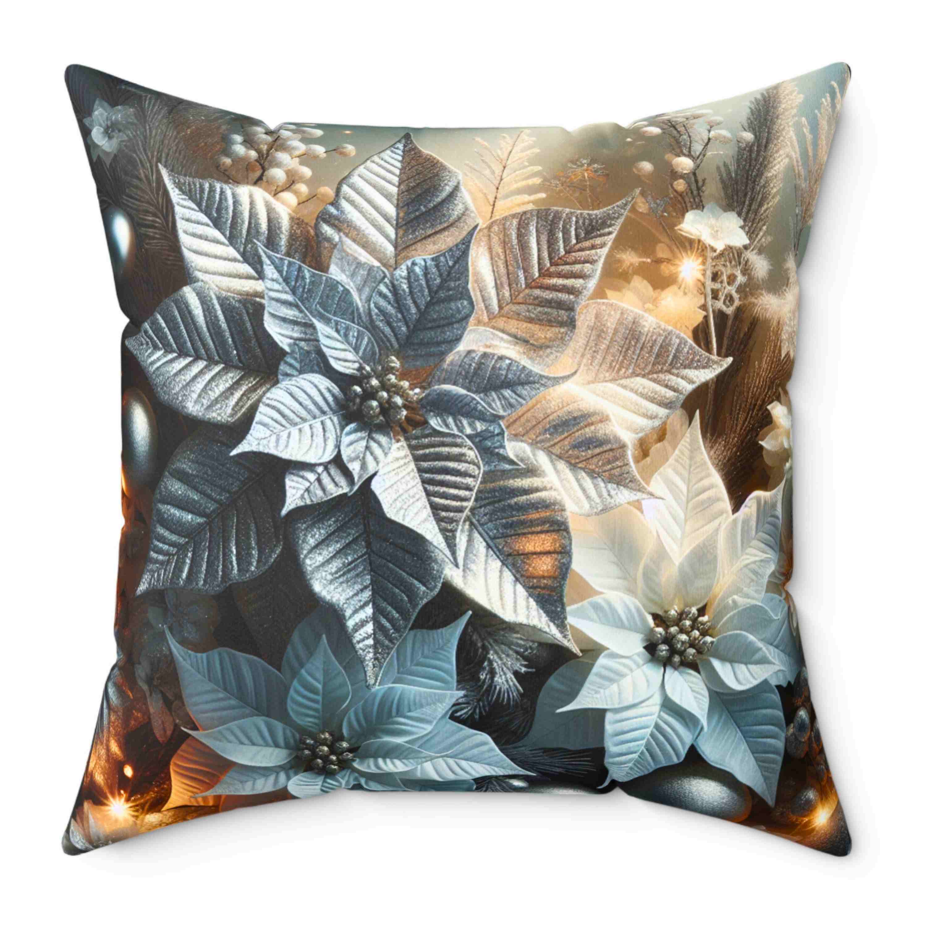 Luxury Holiday Pillow – White &amp; Silver Poinsettia Design with appearance of Soft Twinkle Lights – Premium Christmas Home Accent Ready to Use product thumbnail image
