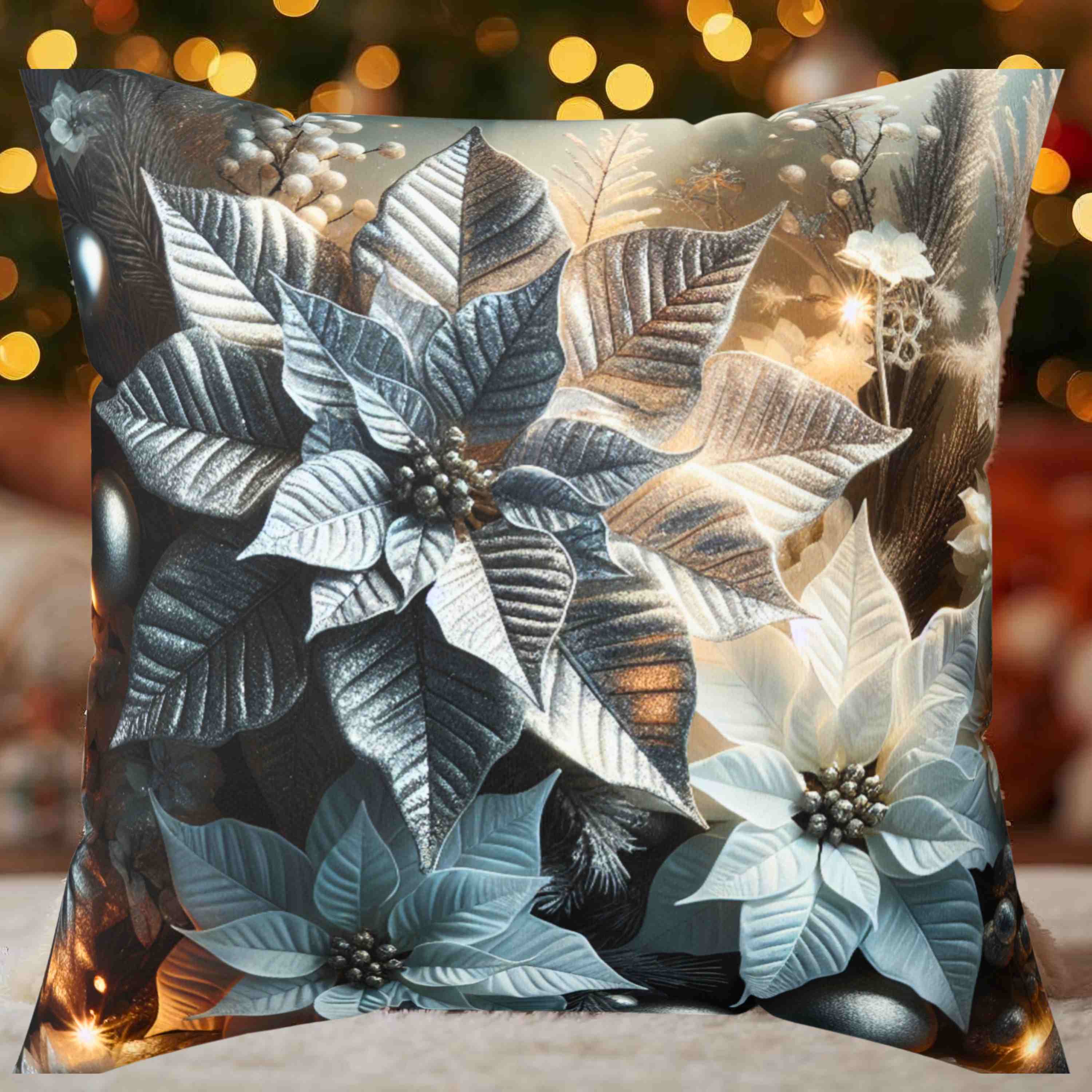 Luxury Holiday Pillow – White &amp; Silver Poinsettia Design with appearance of Soft Twinkle Lights – Premium Christmas Home Accent Ready to Use product thumbnail image