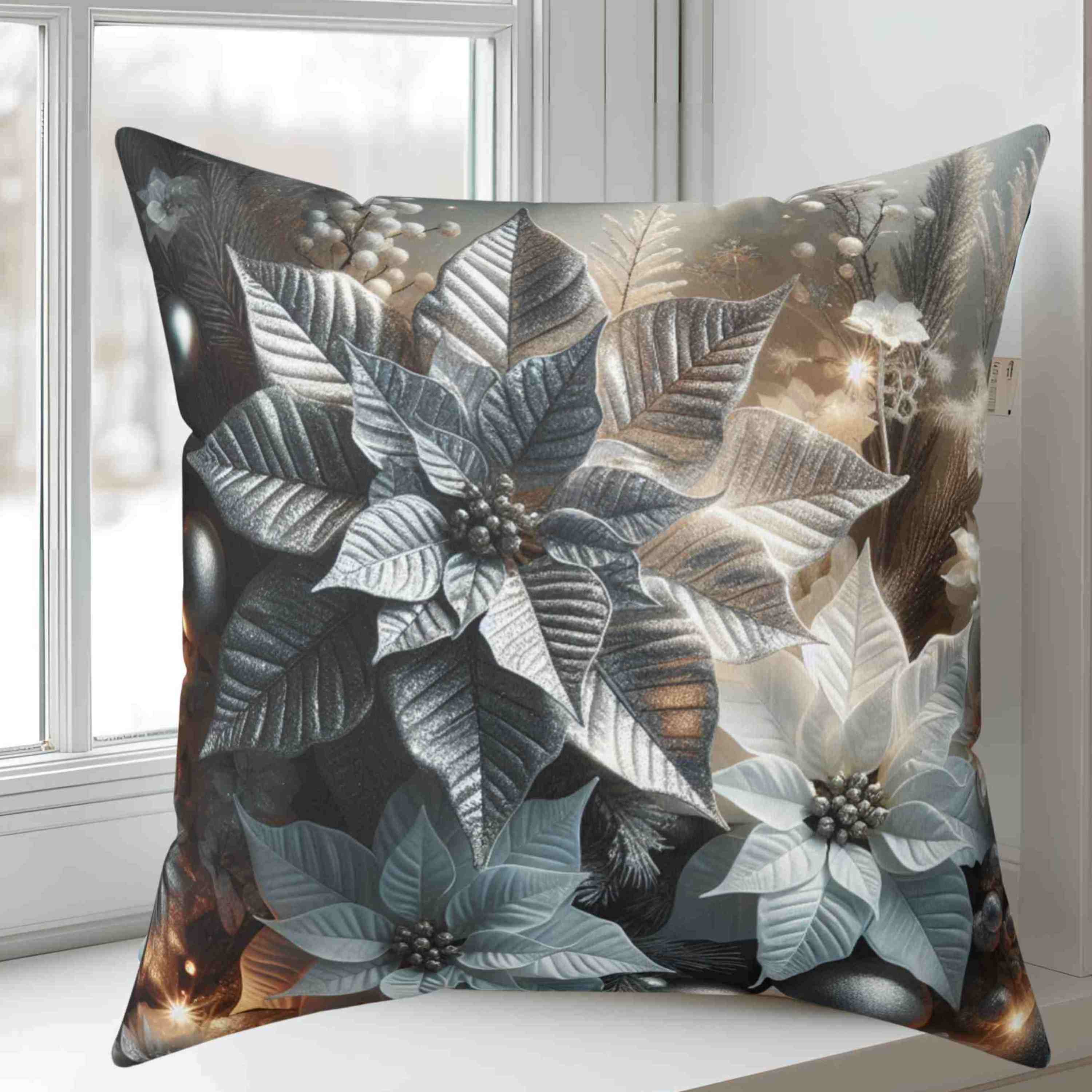 Luxury Holiday Pillow – White &amp; Silver Poinsettia Design with appearance of Soft Twinkle Lights – Premium Christmas Home Accent Ready to Use product thumbnail image