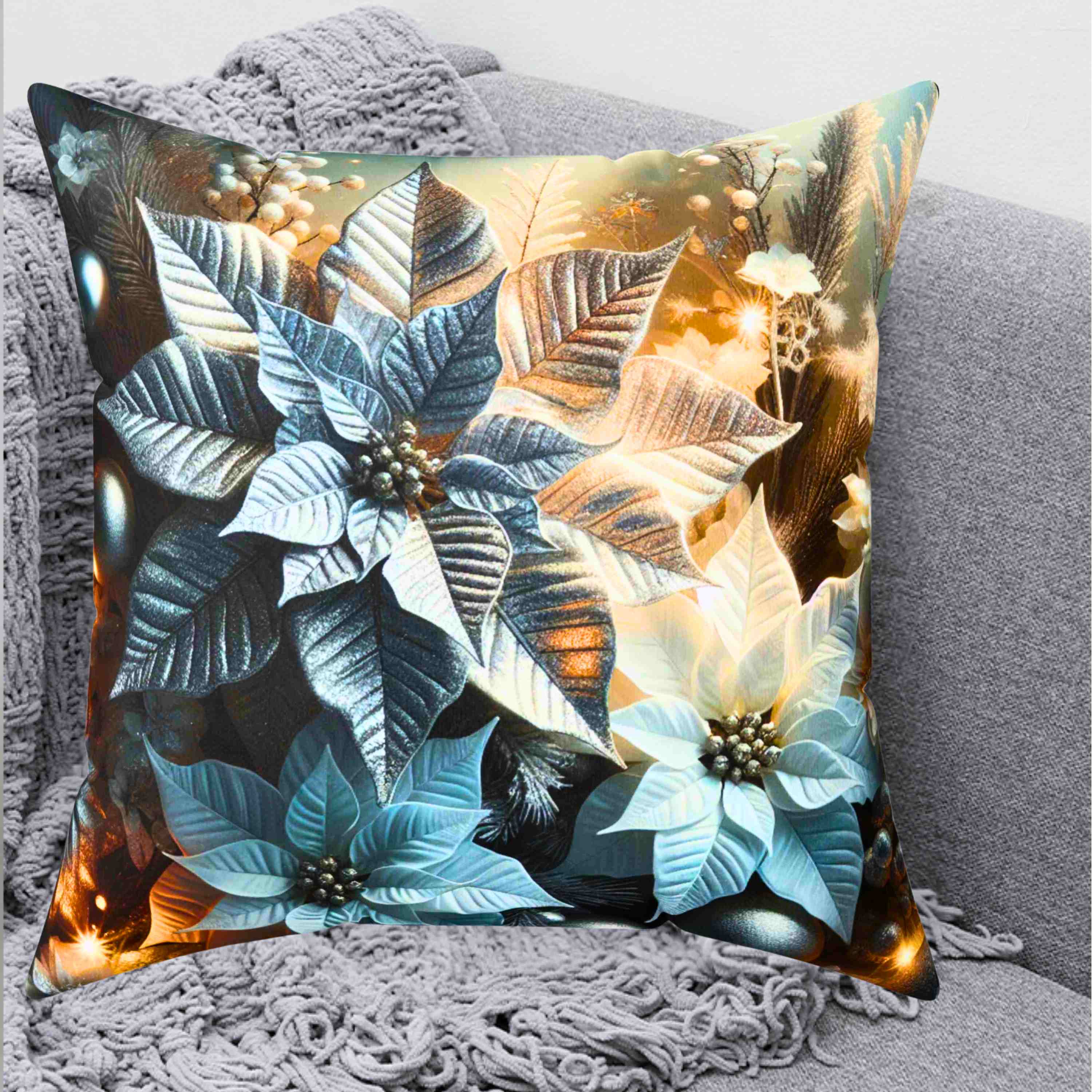 Luxury Holiday Pillow – White &amp; Silver Poinsettia Design with appearance of Soft Twinkle Lights – Premium Christmas Home Accent Ready to Use product thumbnail image