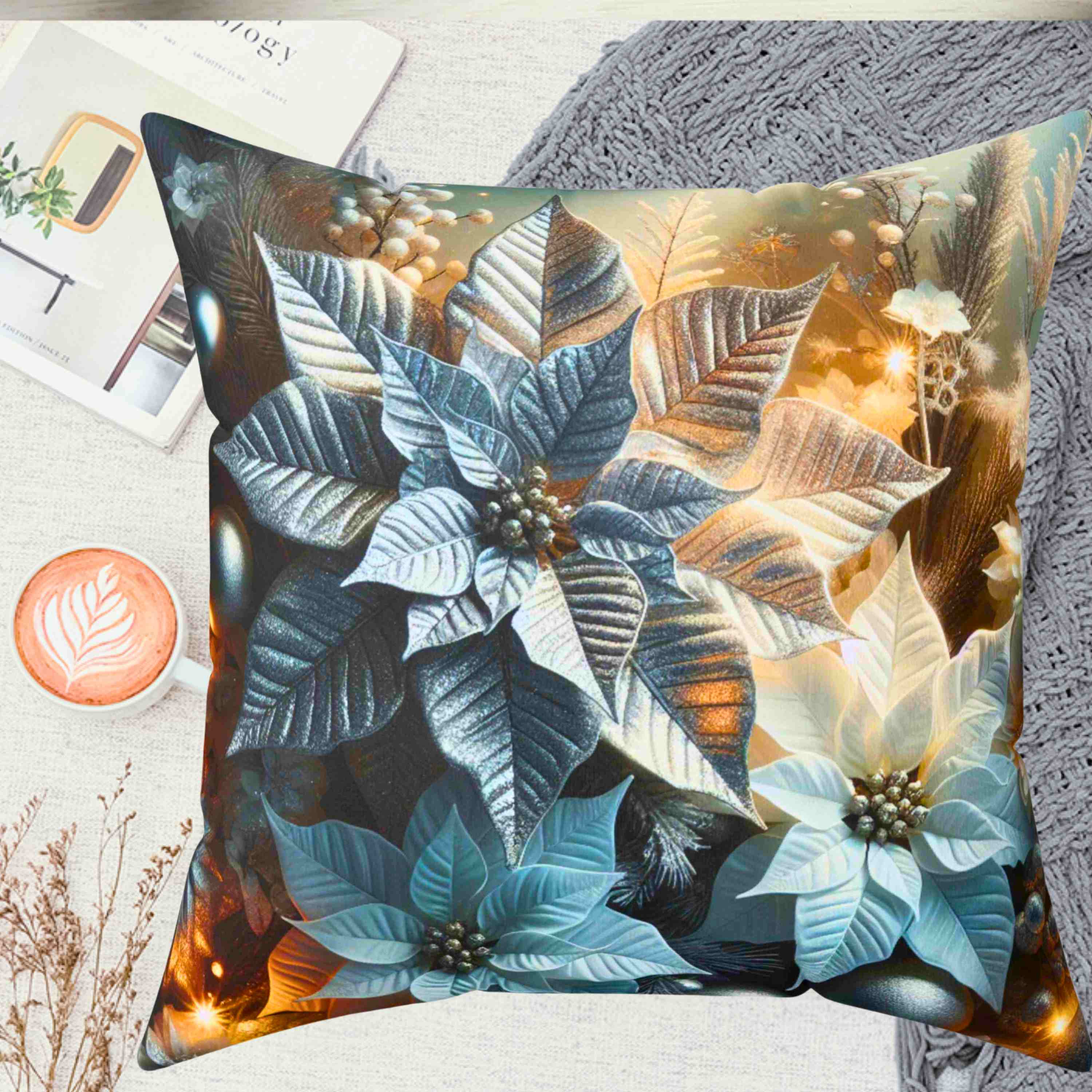 Luxury Holiday Pillow – White &amp; Silver Poinsettia Design with appearance of Soft Twinkle Lights – Premium Christmas Home Accent Ready to Use product thumbnail image