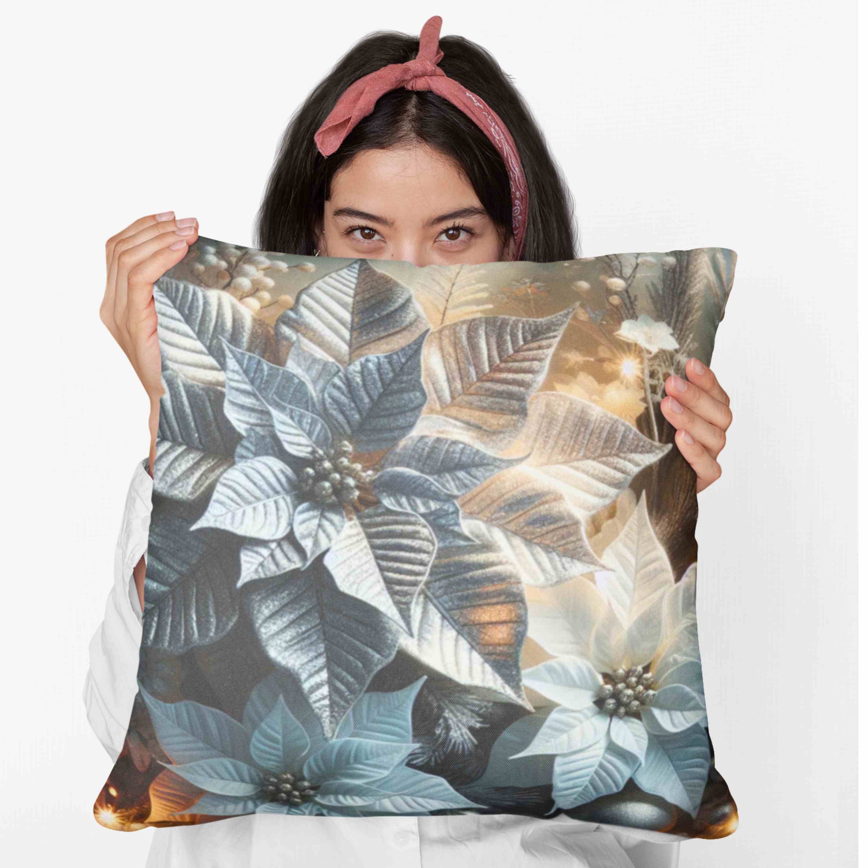Luxury Holiday Pillow – White &amp; Silver Poinsettia Design with appearance of Soft Twinkle Lights – Premium Christmas Home Accent Ready to Use product thumbnail image
