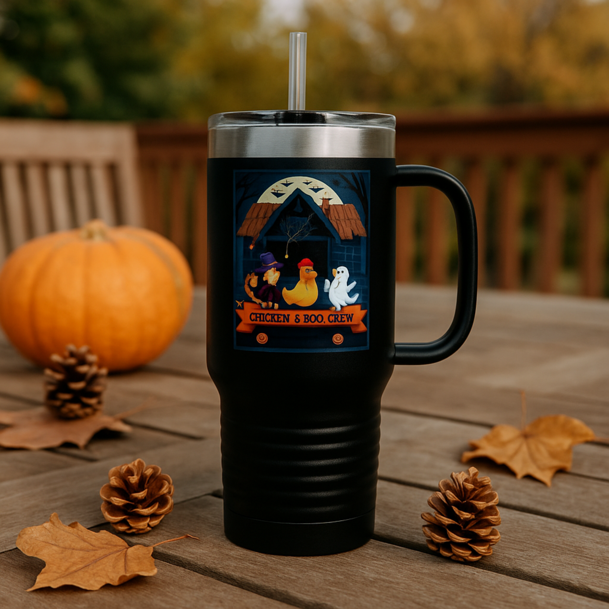 Chicken &amp; Boo Crew Travel Mug 40oz Halloween Coffee Cup with Handle And Straw | Spooky Farmhouse Chickens Fall Gift product thumbnail image
