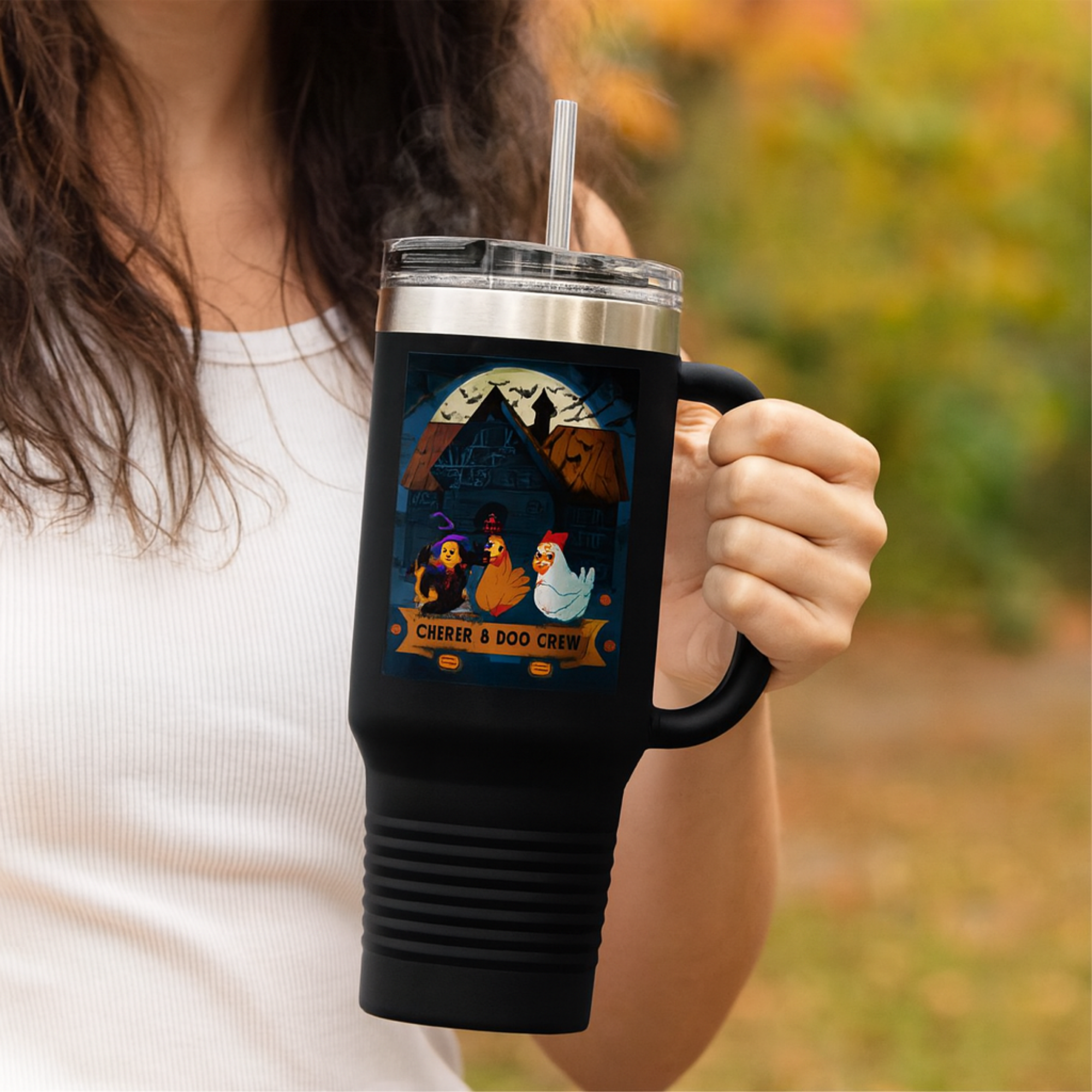 Chicken &amp; Boo Crew Travel Mug 40oz Halloween Coffee Cup with Handle And Straw | Spooky Farmhouse Chickens Fall Gift product thumbnail image