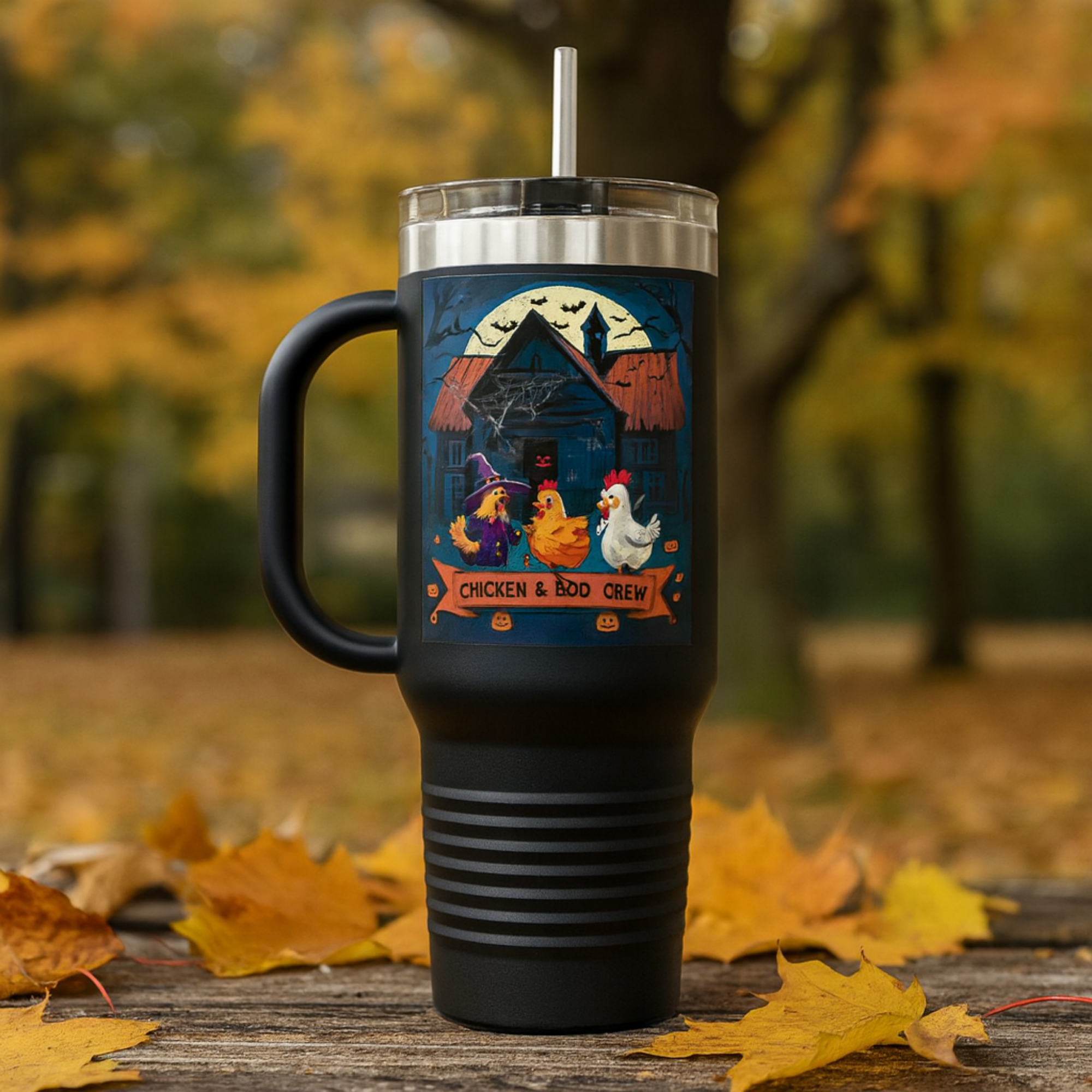 Chicken &amp; Boo Crew Travel Mug 40oz Halloween Coffee Cup with Handle And Straw | Spooky Farmhouse Chickens Fall Gift product thumbnail image