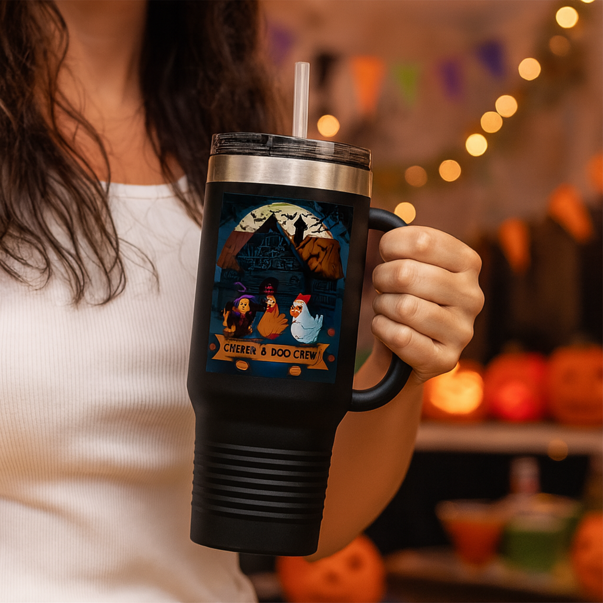 Chicken & Boo Crew Travel Mug 40oz Halloween Coffee Cup with Handle And Straw | Spooky Farmhouse Chickens Fall Gift Chicken & Boo Crew Travel Mug 40oz Halloween Coffee Cup with Handle And Straw | Spooky Farmhouse Chickens Fall Gift