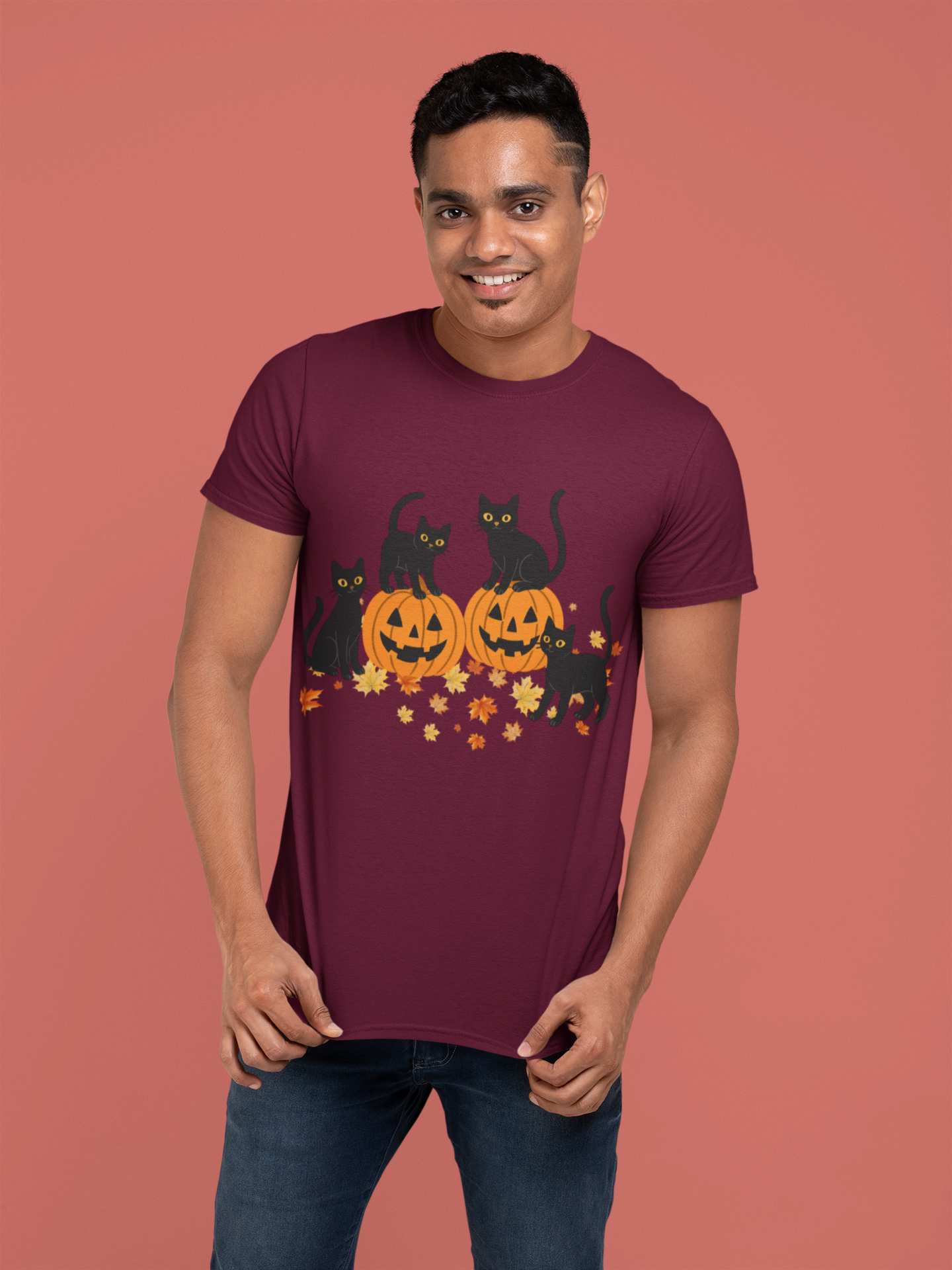 Halloween Black Cat Tee, Unisex Cotton T-Shirt, Spooky Season Apparel, Cute Cat Graphic Tee, Fall Festive Top, Pumpkin Cats Shirt