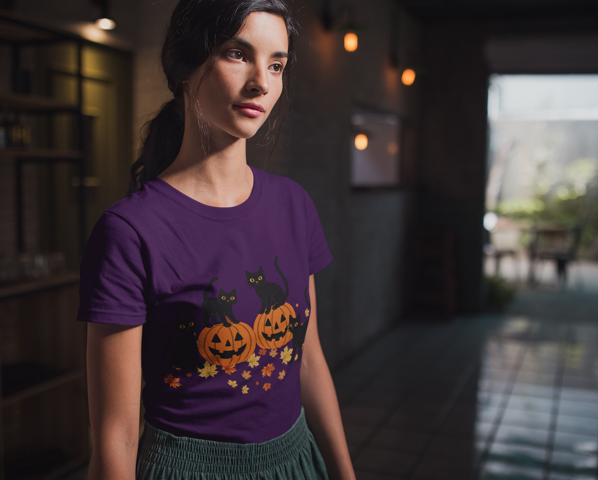 Halloween Black Cat Tee, Unisex Cotton T-Shirt, Spooky Season Apparel, Cute Cat Graphic Tee, Fall Festive Top, Pumpkin Cats Shirt product thumbnail image