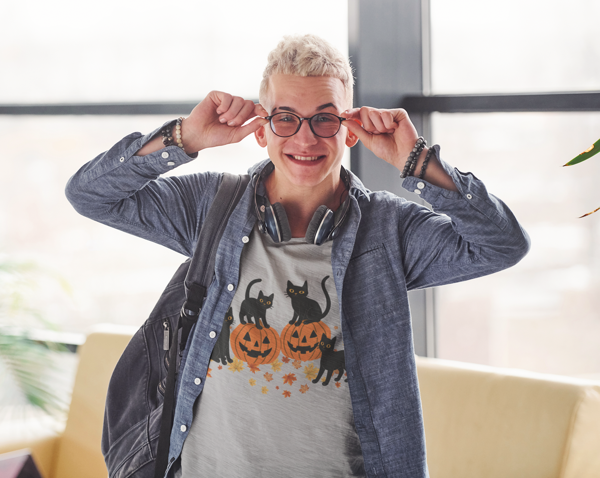 Halloween Black Cat Tee, Unisex Cotton T-Shirt, Spooky Season Apparel, Cute Cat Graphic Tee, Fall Festive Top, Pumpkin Cats Shirt product thumbnail image