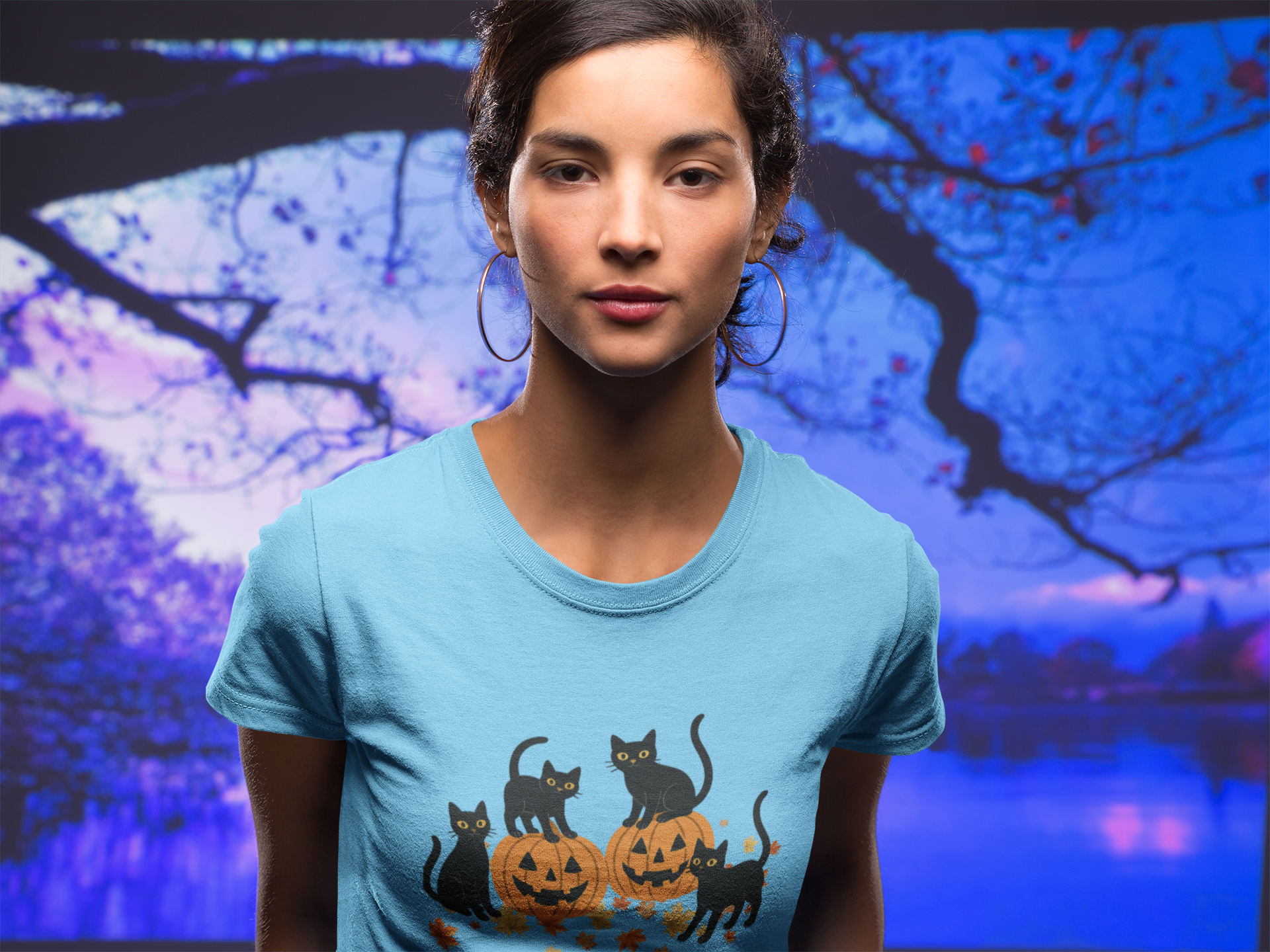 Halloween Black Cat Tee, Unisex Cotton T-Shirt, Spooky Season Apparel, Cute Cat Graphic Tee, Fall Festive Top, Pumpkin Cats Shirt product thumbnail image