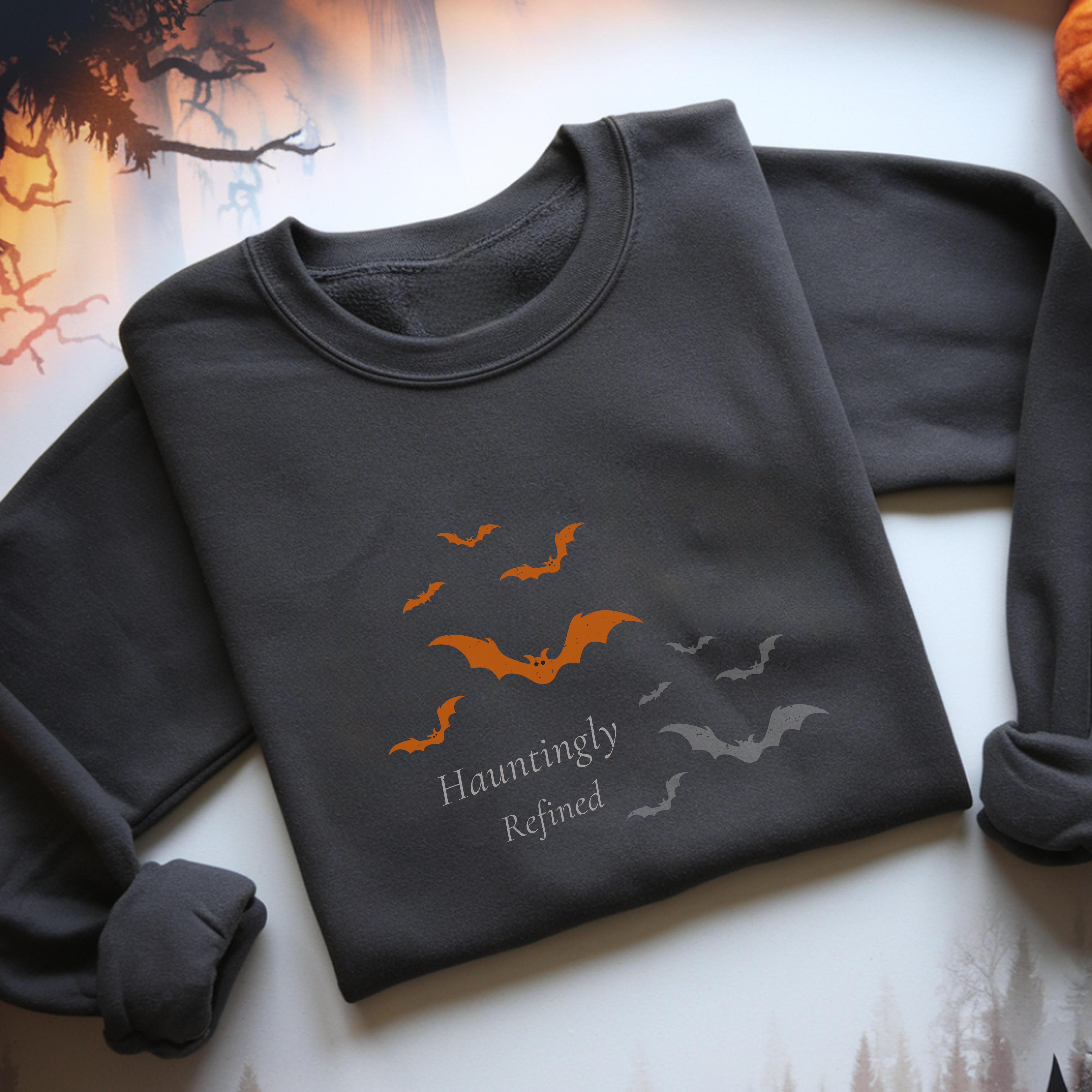 Hauntingly Refined Bats Crewneck, Distressed Vintage Rust Orange Gothic Halloween Unisex Pullover product thumbnail image