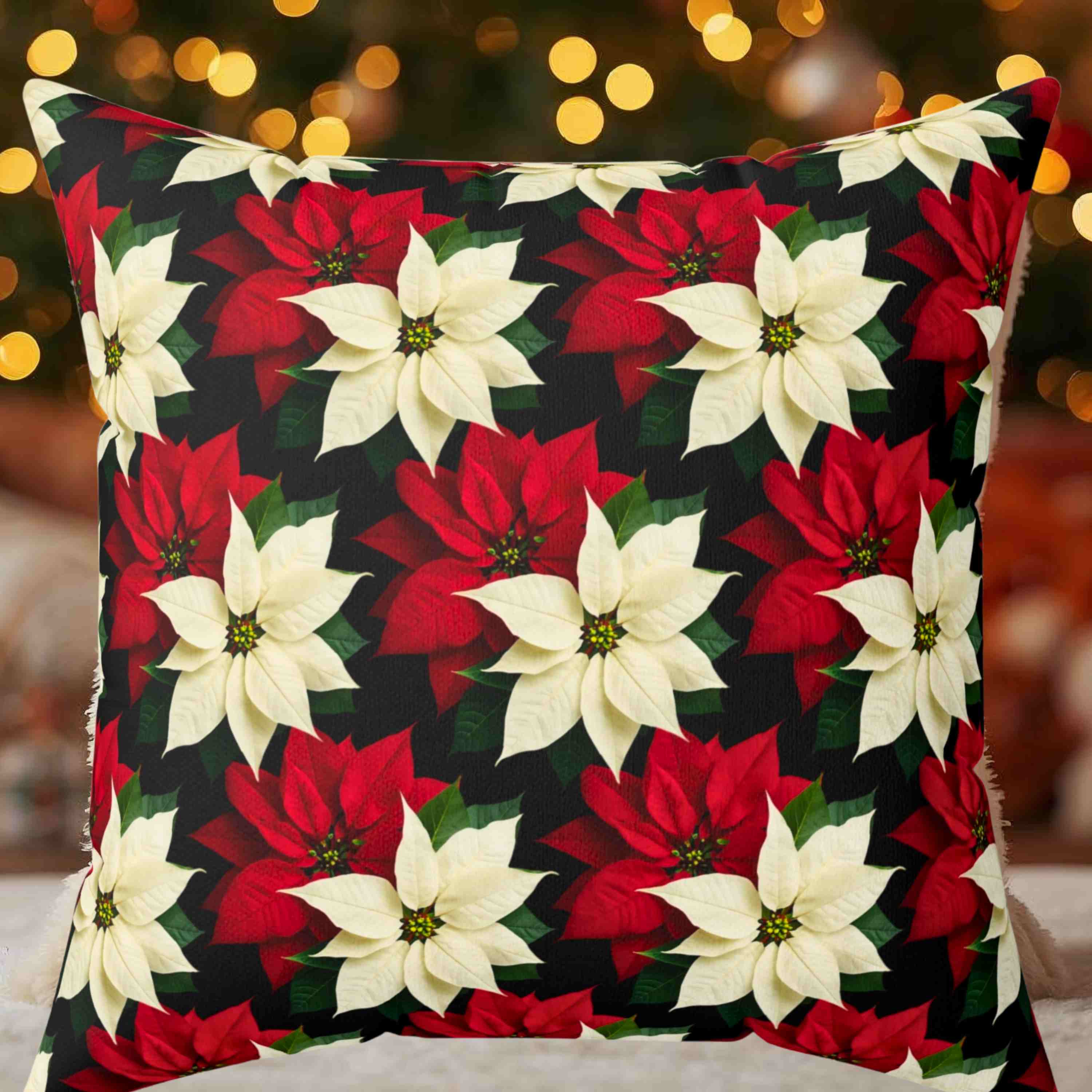 Christmas Throw Pillow – Red & White Poinsettias Zigzag Pattern on Black Background – Double-Sided Decorative Cushion with Insert Christmas Throw Pillow – Red & White Poinsettias Zigzag Pattern on Black Background – Double-Sided Decorative Cushion with Insert
