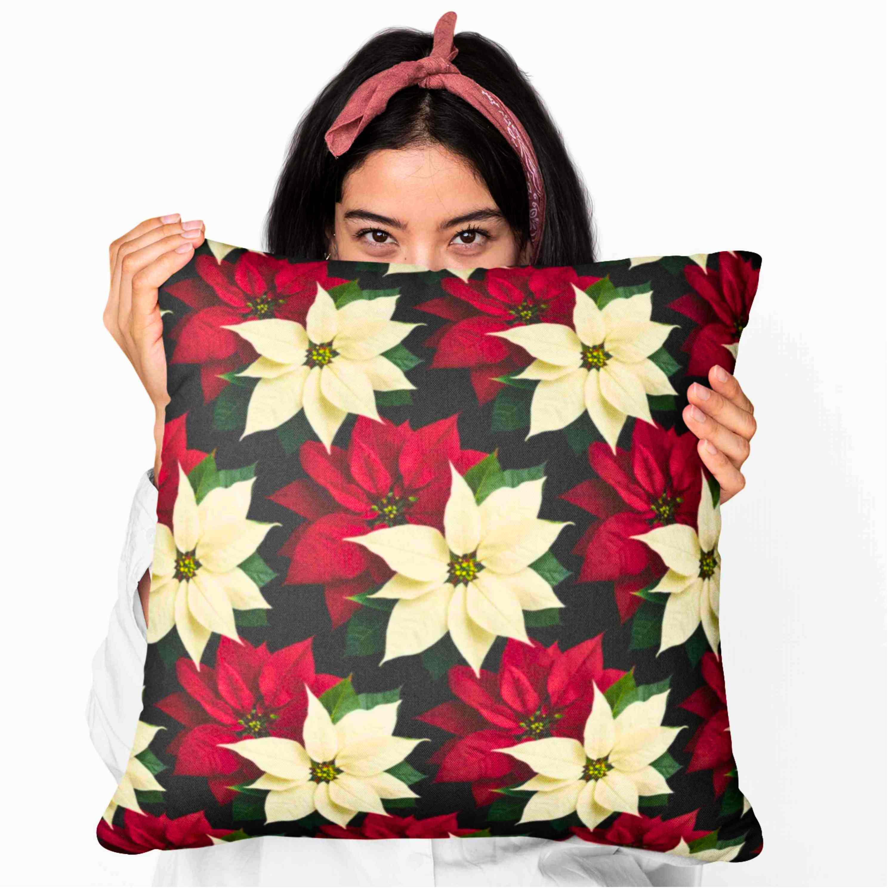 Christmas Throw Pillow – Red &amp; White Poinsettias Zigzag Pattern on Black Background – Double-Sided Decorative Cushion with Insert product thumbnail image