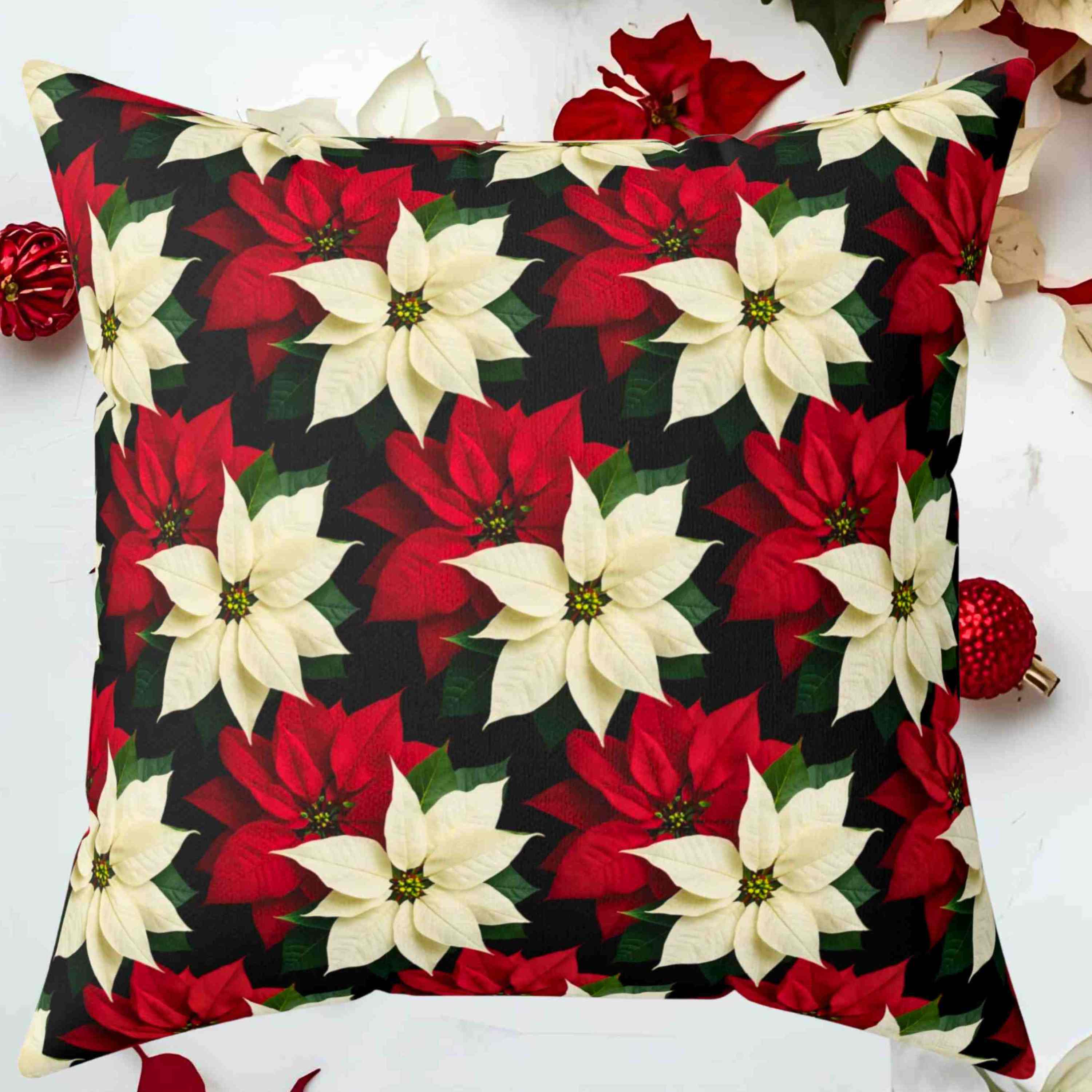 Christmas Throw Pillow – Red &amp; White Poinsettias Zigzag Pattern on Black Background – Double-Sided Decorative Cushion with Insert product thumbnail image