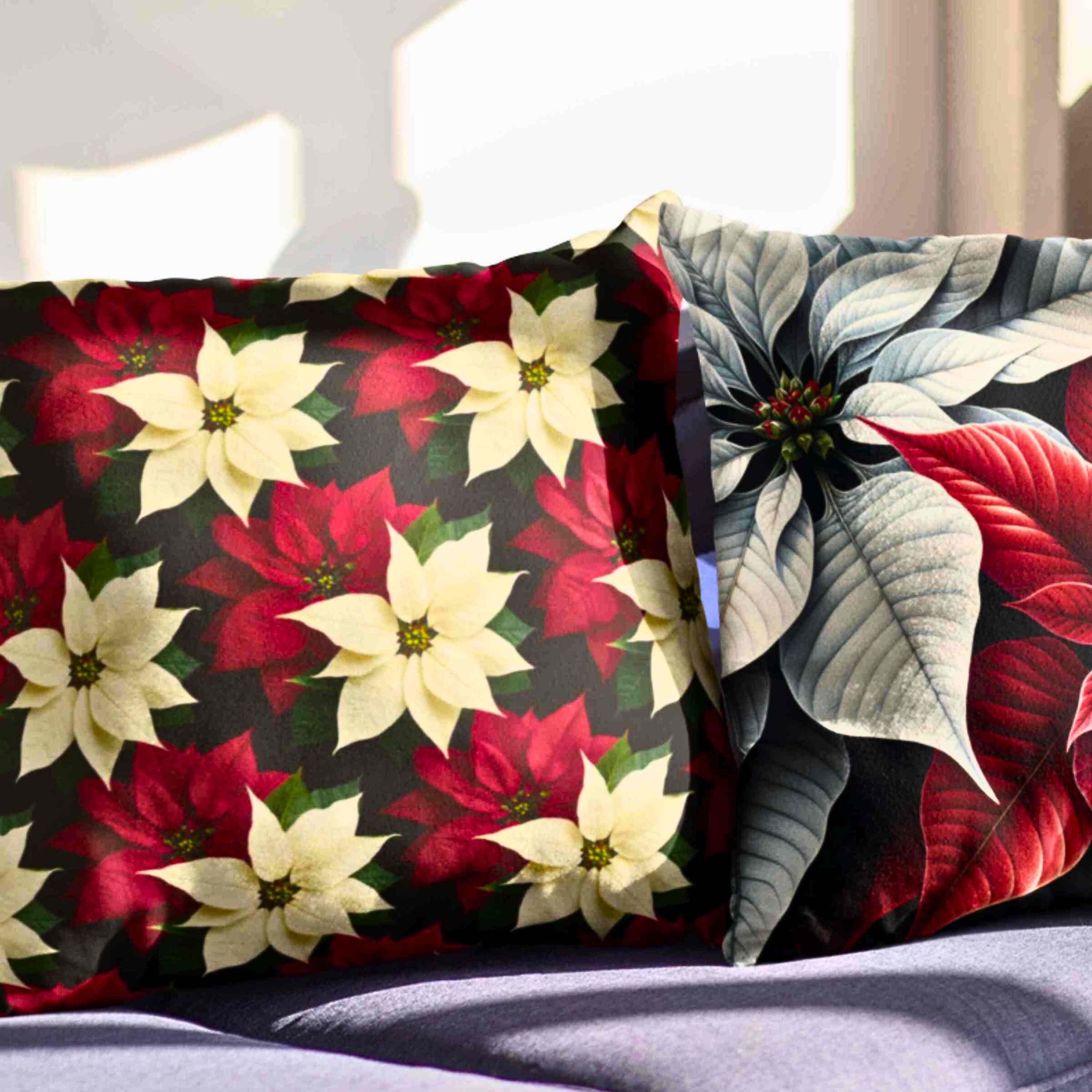 Christmas Throw Pillow – Red &amp; White Poinsettias Zigzag Pattern on Black Background – Double-Sided Decorative Cushion with Insert product thumbnail image