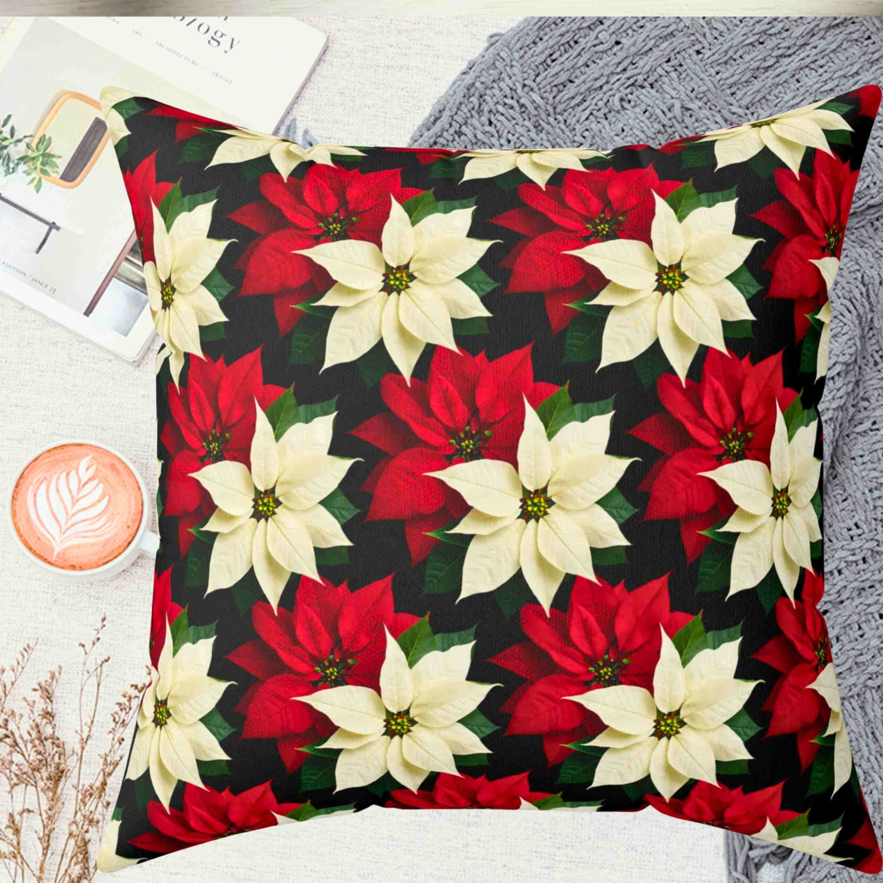 Christmas Throw Pillow – Red &amp; White Poinsettias Zigzag Pattern on Black Background – Double-Sided Decorative Cushion with Insert product thumbnail image