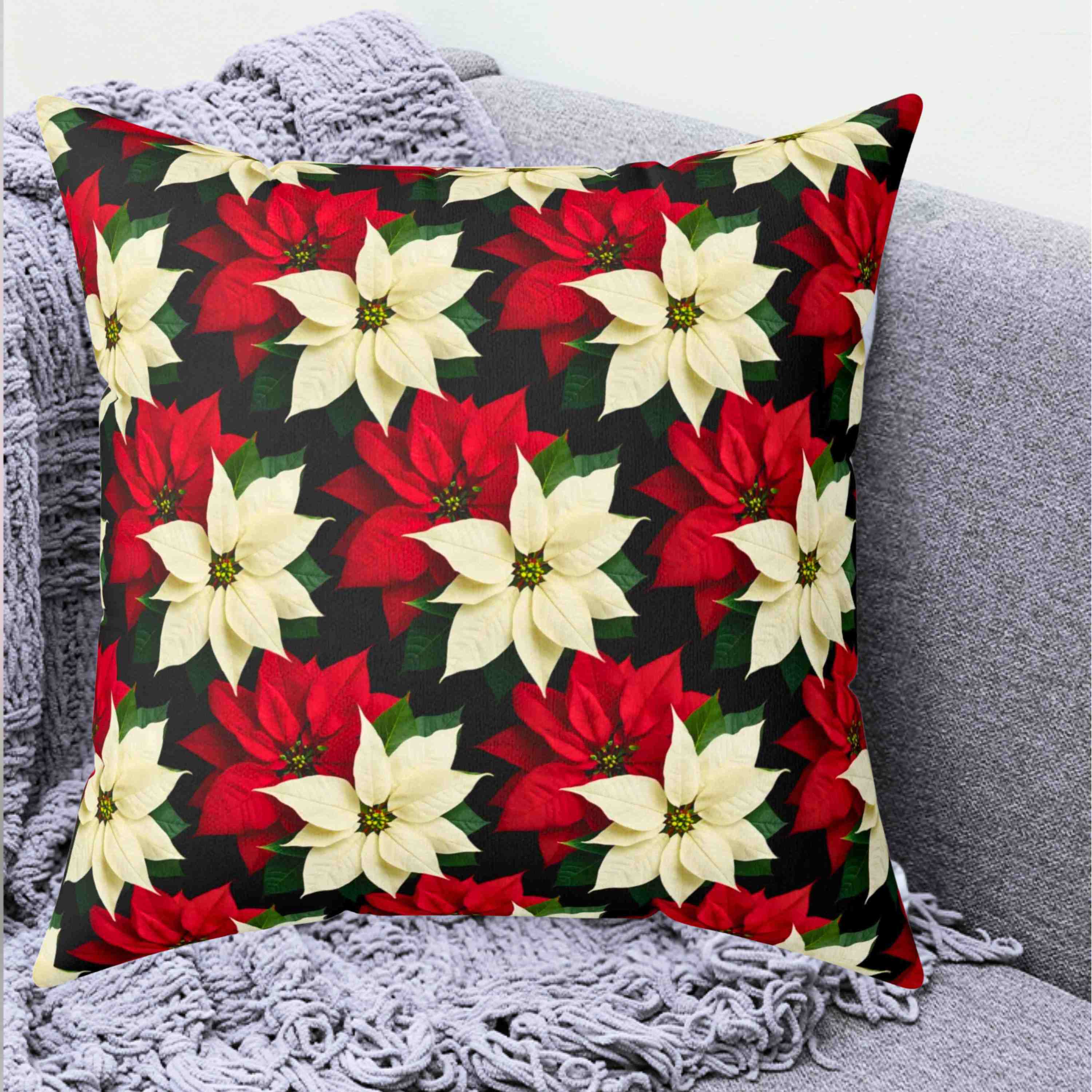 Christmas Throw Pillow – Red &amp; White Poinsettias Zigzag Pattern on Black Background – Double-Sided Decorative Cushion with Insert product thumbnail image