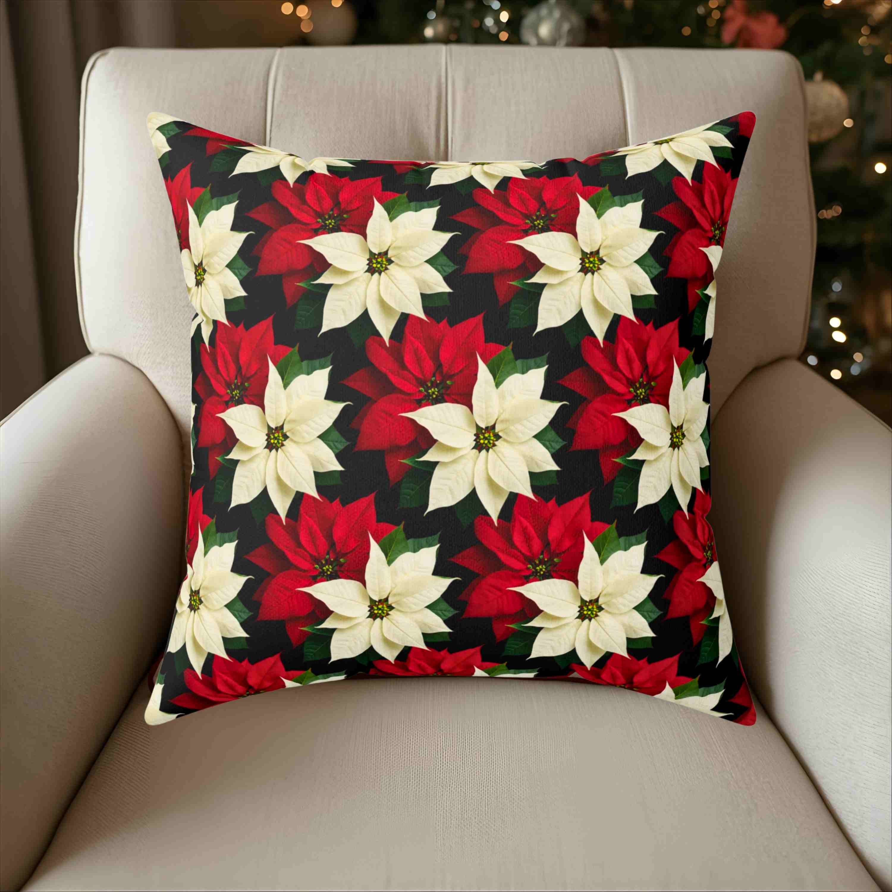 Christmas Throw Pillow – Red &amp; White Poinsettias Zigzag Pattern on Black Background – Double-Sided Decorative Cushion with Insert product thumbnail image
