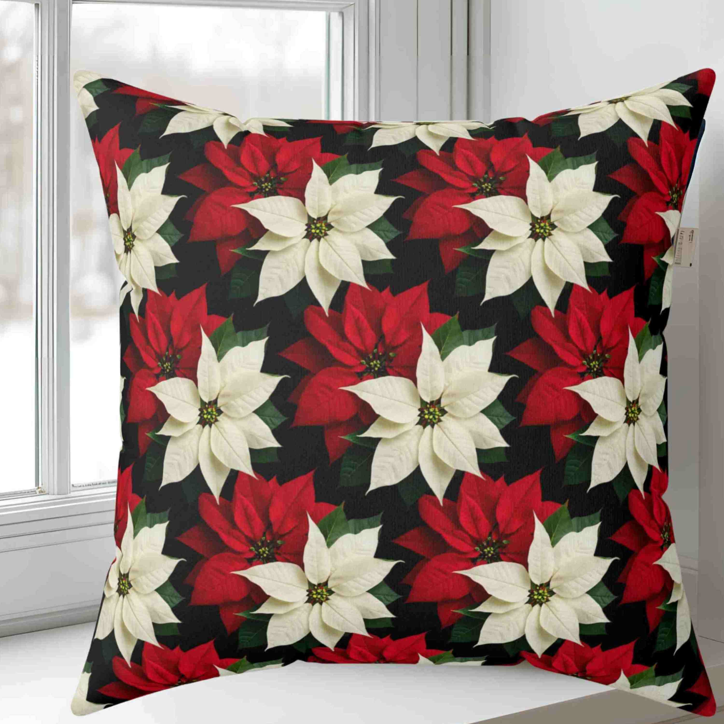 Christmas Throw Pillow – Red &amp; White Poinsettias Zigzag Pattern on Black Background – Double-Sided Decorative Cushion with Insert product thumbnail image