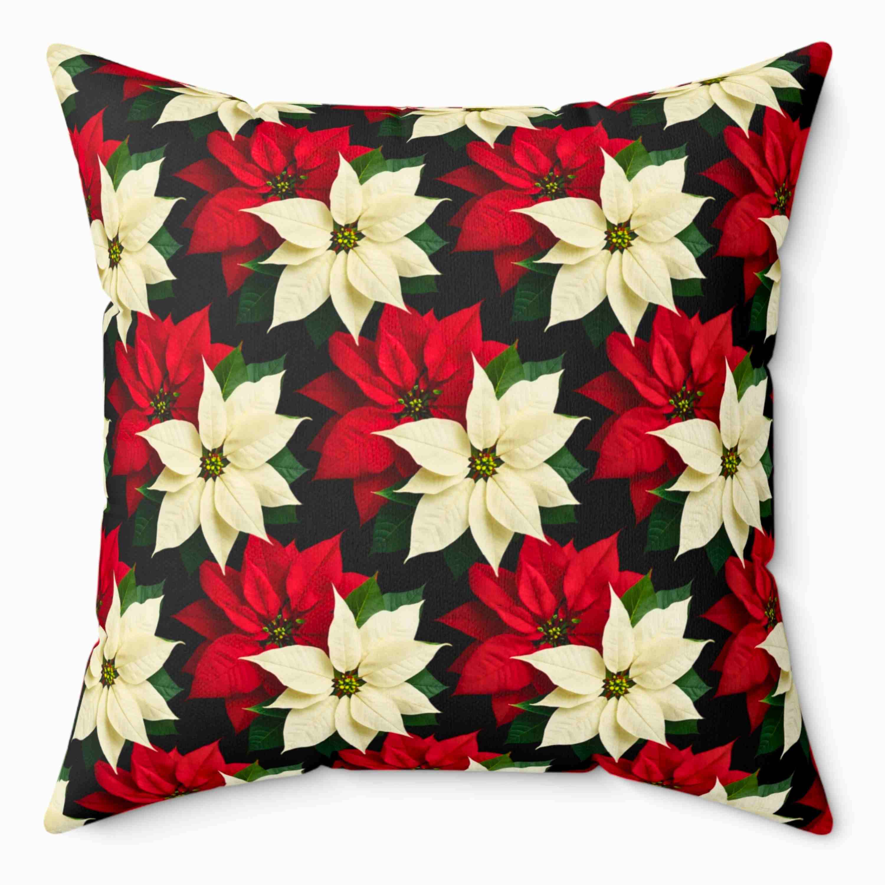 Christmas Throw Pillow – Red &amp; White Poinsettias Zigzag Pattern on Black Background – Double-Sided Decorative Cushion with Insert product thumbnail image