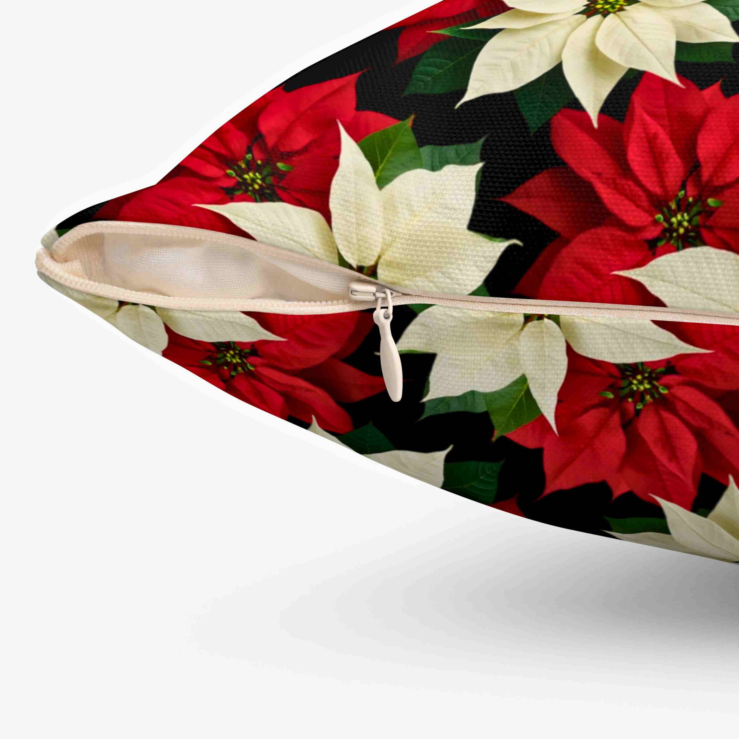 Christmas Throw Pillow – Red &amp; White Poinsettias Zigzag Pattern on Black Background – Double-Sided Decorative Cushion with Insert product thumbnail image