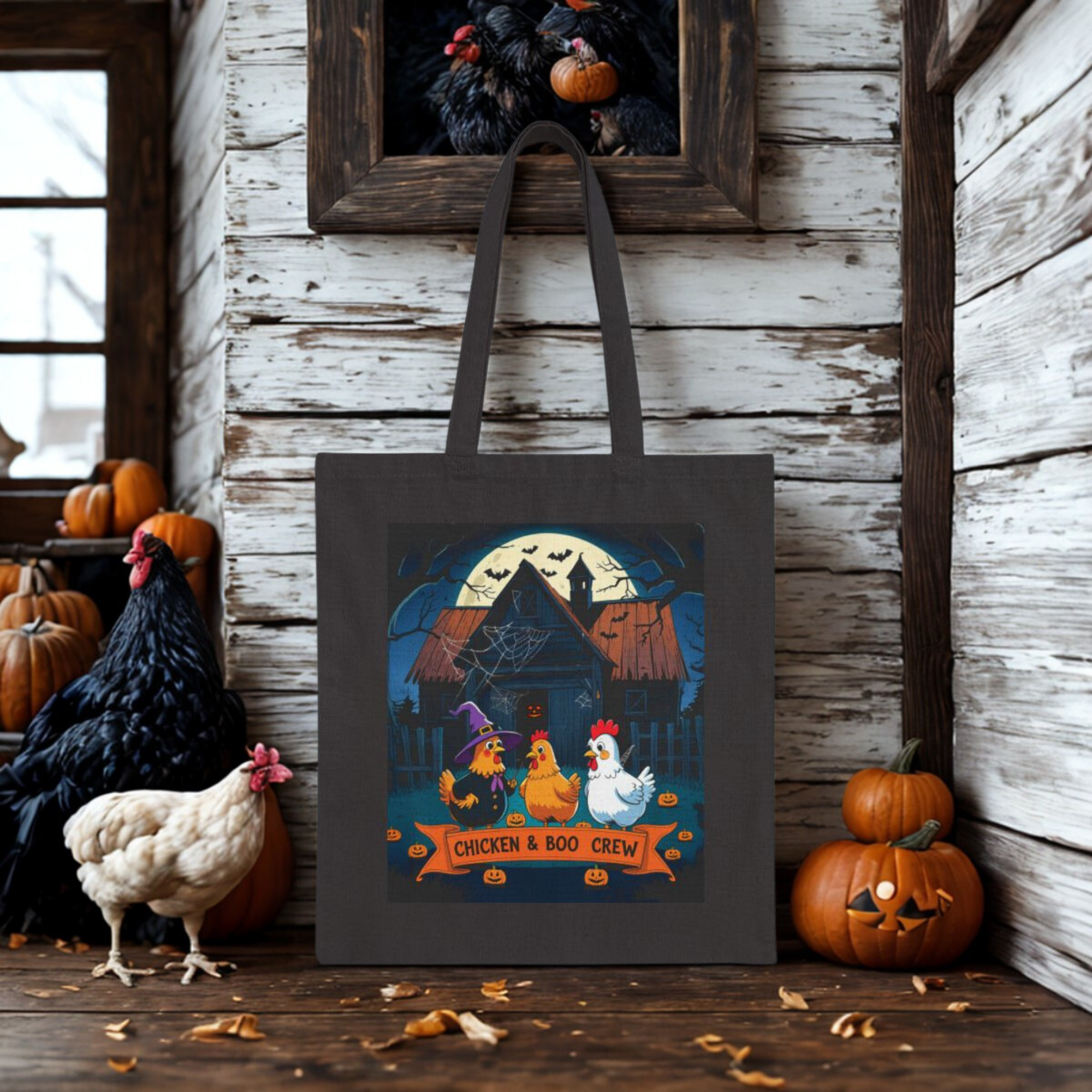 Spooky Chicken Crew Tote Bag, Halloween Tote, Farm Animal Bag, Gift for Chicken Lovers, Boho Style Bag