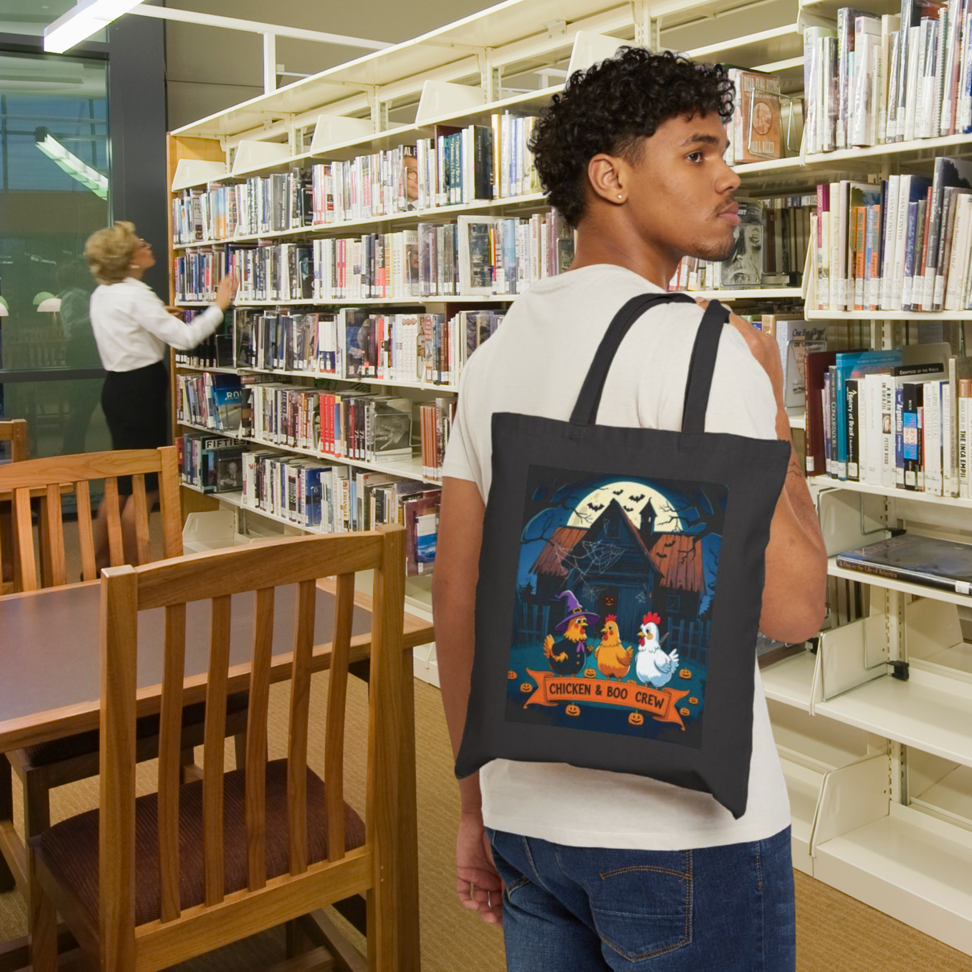 Spooky Chicken Crew Tote Bag, Halloween Tote, Farm Animal Bag, Gift for Chicken Lovers, Boho Style Bag product thumbnail image Spooky Chicken Crew Tote Bag, Halloween Tote, Farm Animal Bag, Gift for Chicken Lovers, Boho Style Bag product thumbnail image