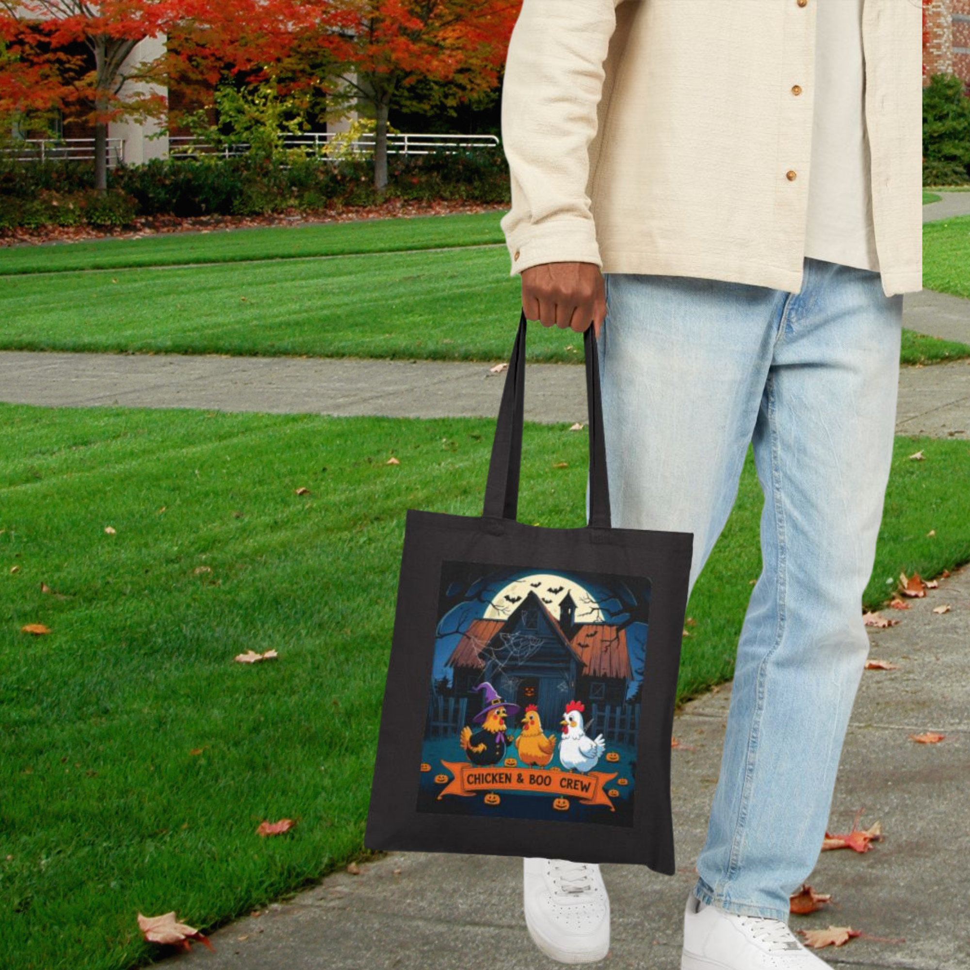Spooky Chicken Crew Tote Bag, Halloween Tote, Farm Animal Bag, Gift for Chicken Lovers, Boho Style Bag product thumbnail image Spooky Chicken Crew Tote Bag, Halloween Tote, Farm Animal Bag, Gift for Chicken Lovers, Boho Style Bag product thumbnail image