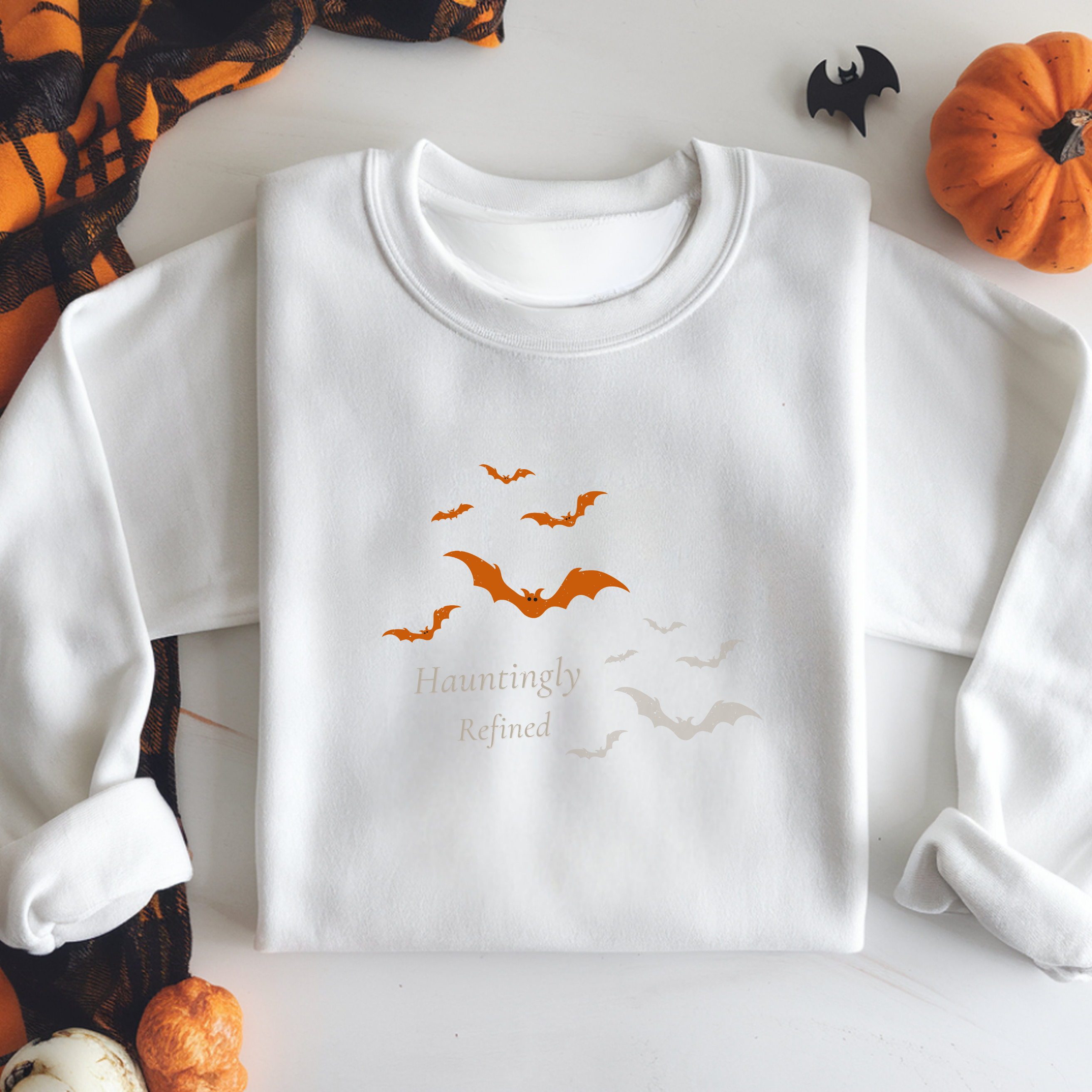 Hauntingly Refined Bats Crewneck, Distressed Vintage Rust Orange Gothic Halloween Unisex Pullover product thumbnail image