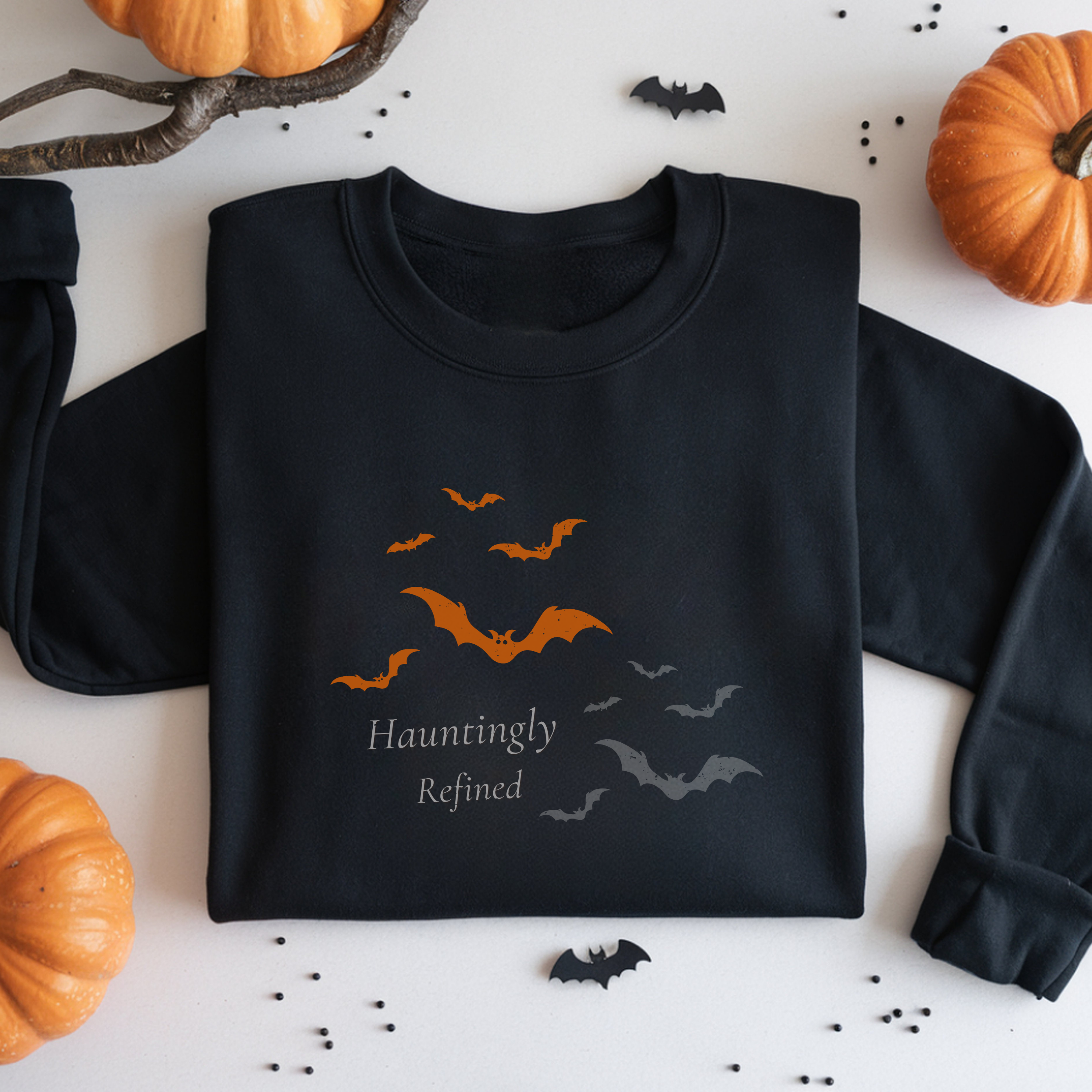 Hauntingly Refined Bats Crewneck, Distressed Vintage Rust Orange Gothic Halloween Unisex Pullover product thumbnail image