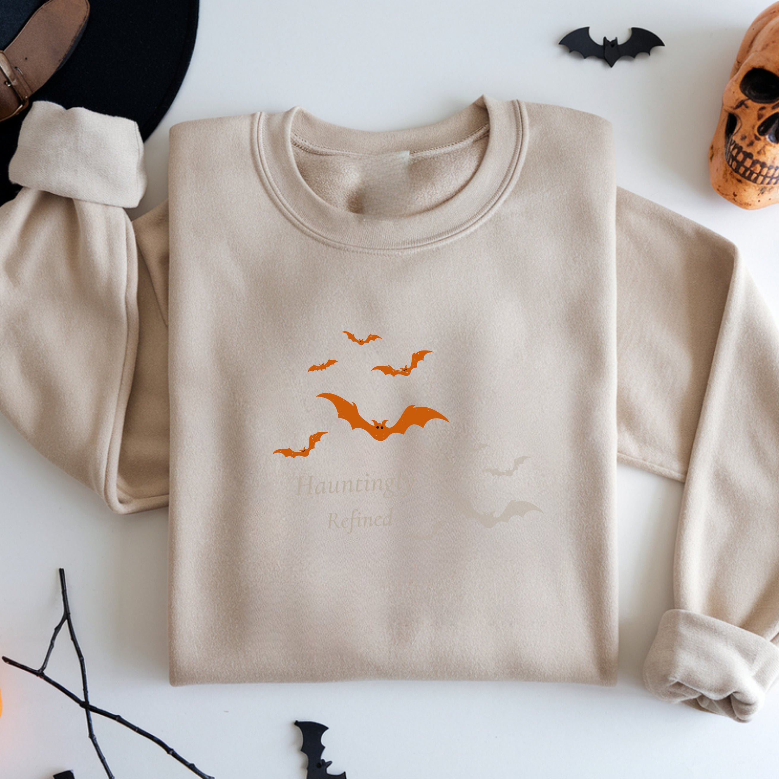 Hauntingly Refined Bats Crewneck, Distressed Vintage Rust Orange Gothic Halloween Unisex Pullover product thumbnail image Hauntingly Refined Bats Crewneck, Distressed Vintage Rust Orange Gothic Halloween Unisex Pullover product thumbnail image