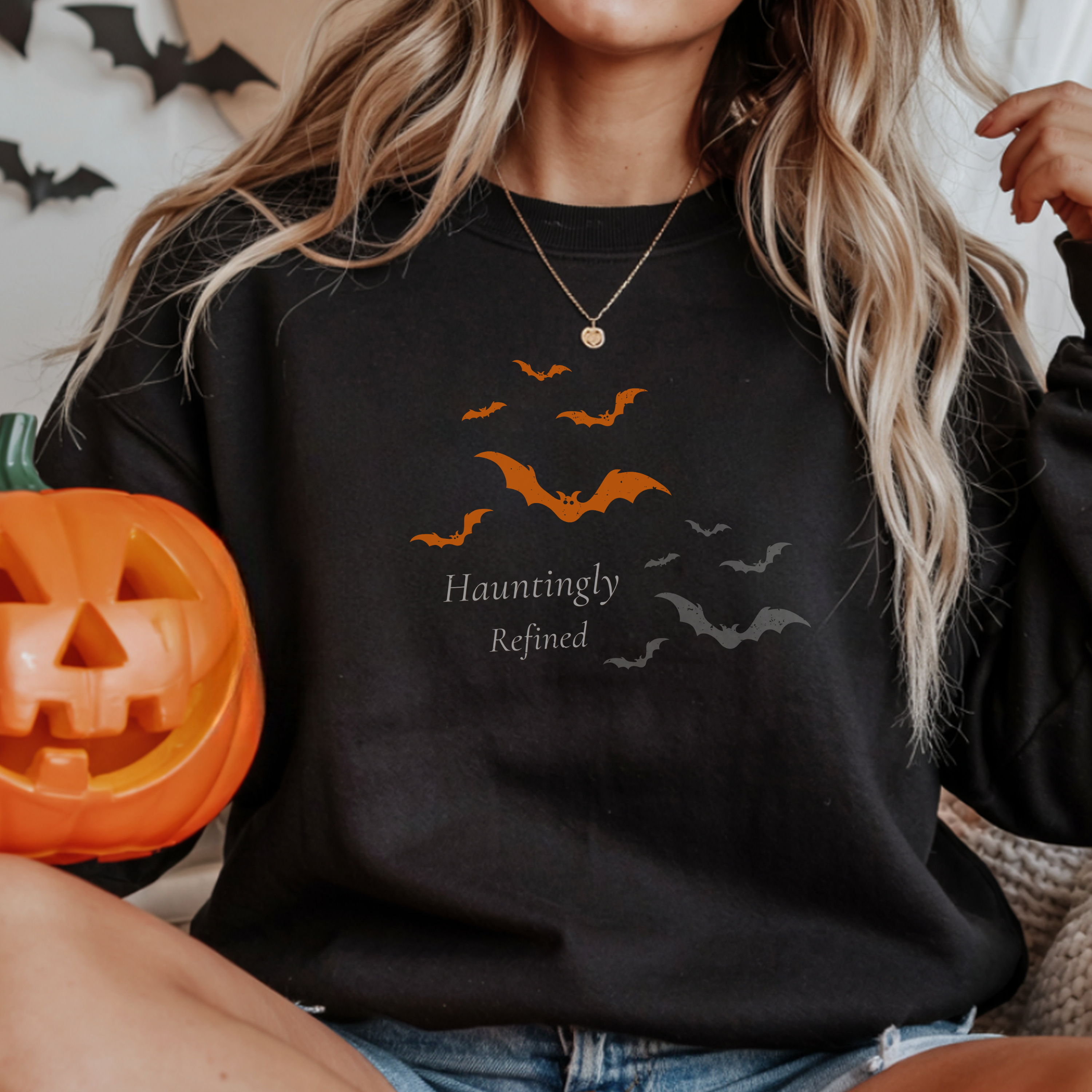 Hauntingly Refined Bats Crewneck, Distressed Vintage Rust Orange Gothic Halloween Unisex Pullover product thumbnail image