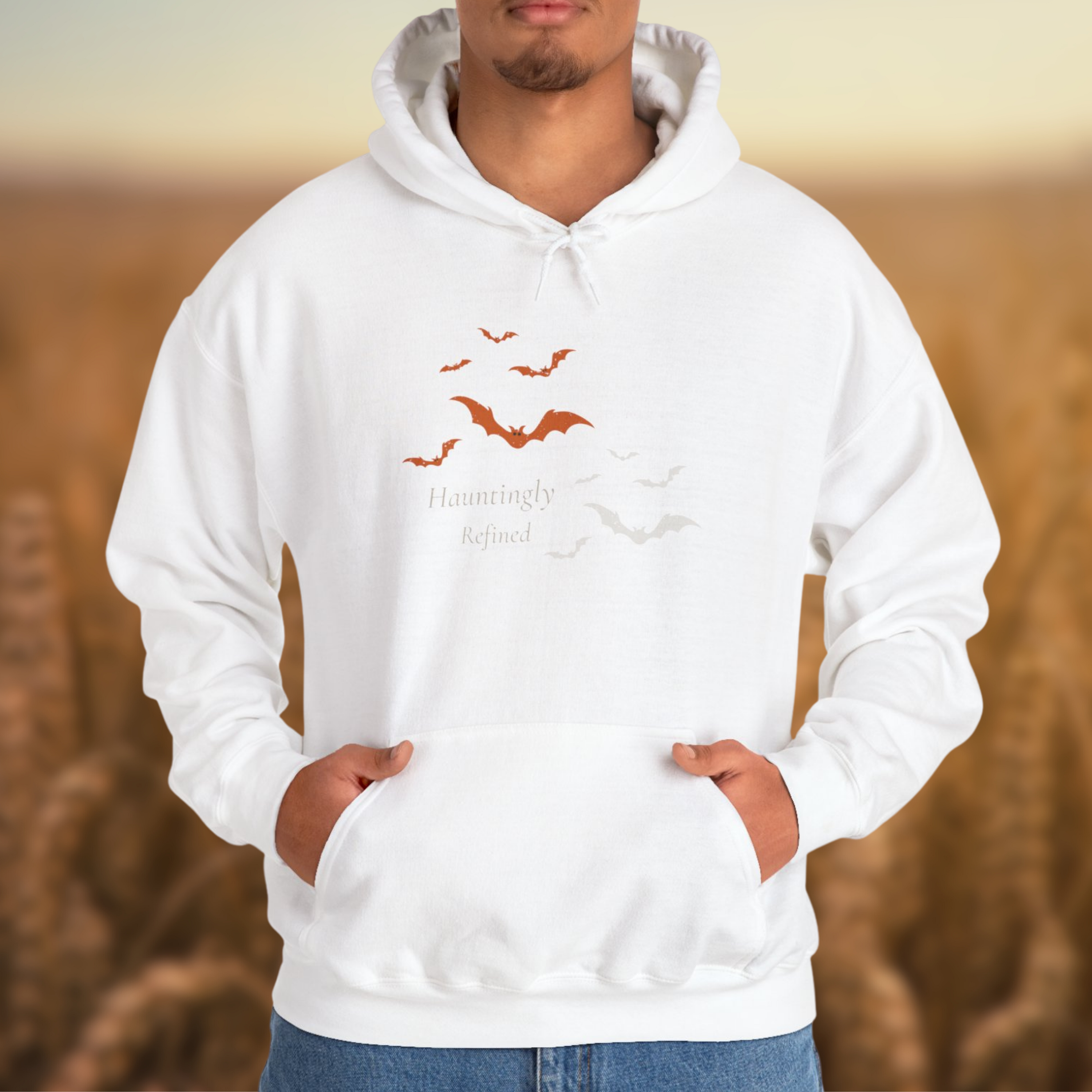Hauntingly Refined Bats Hoodie, Distressed Rust Orange Gothic Halloween Unisex Cozy Pullover product thumbnail image